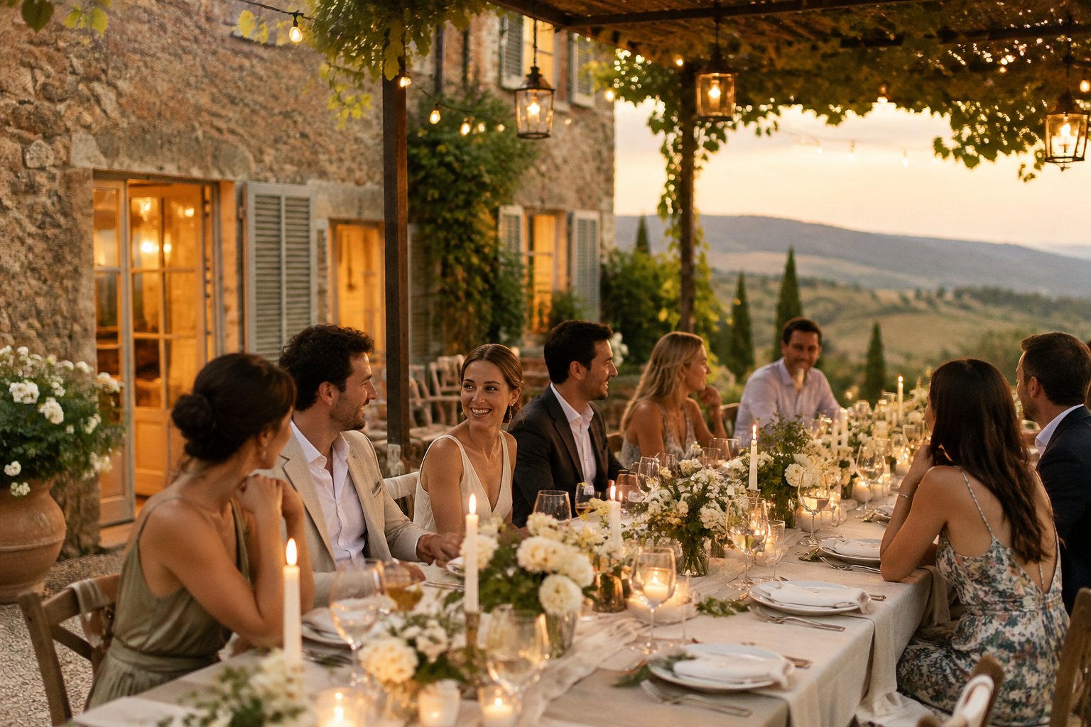 Guests gather for an intimate wedding dinner at a Tuscan villa.