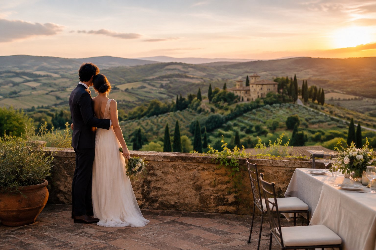 A couple shares a quiet moment on a terrace overlooking the Italian countryside.