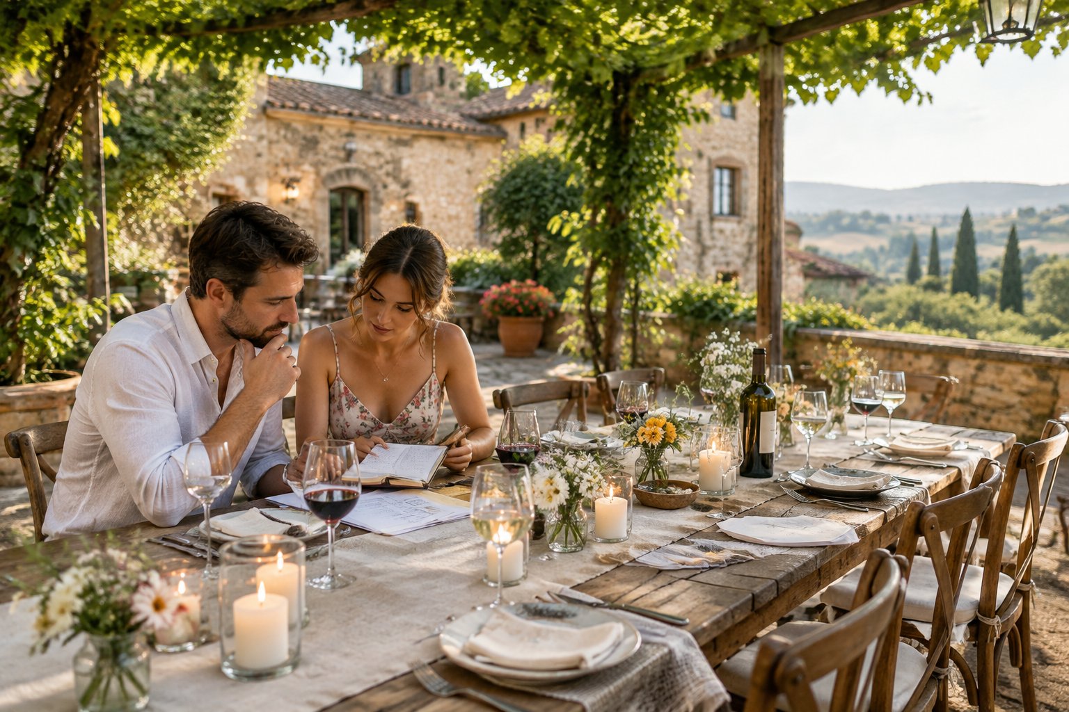 A couple reviews papers at a small wedding reception table beside a rustic Italian villa.