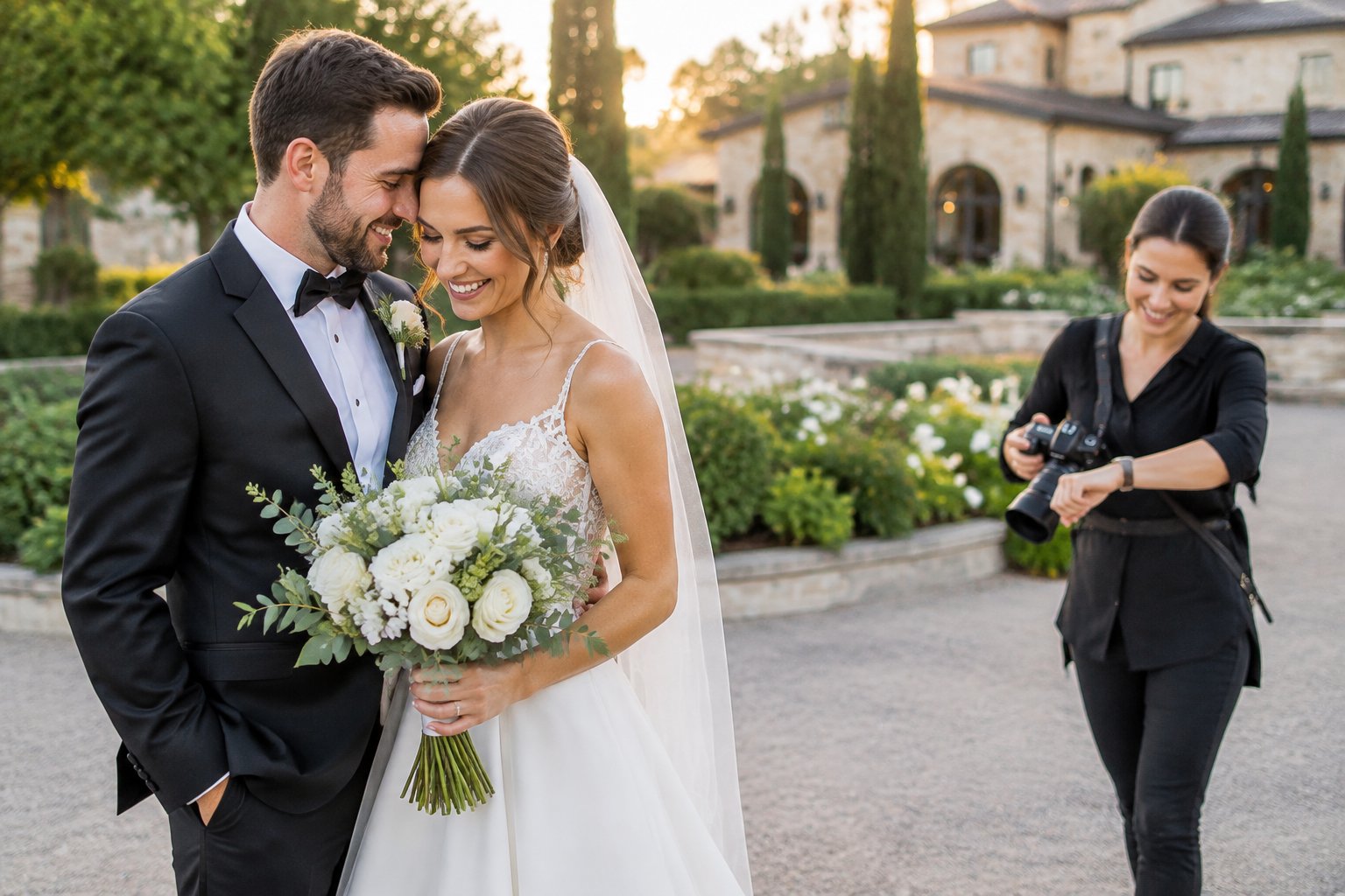 A newly married couple poses outdoors while their photographer checks the time.