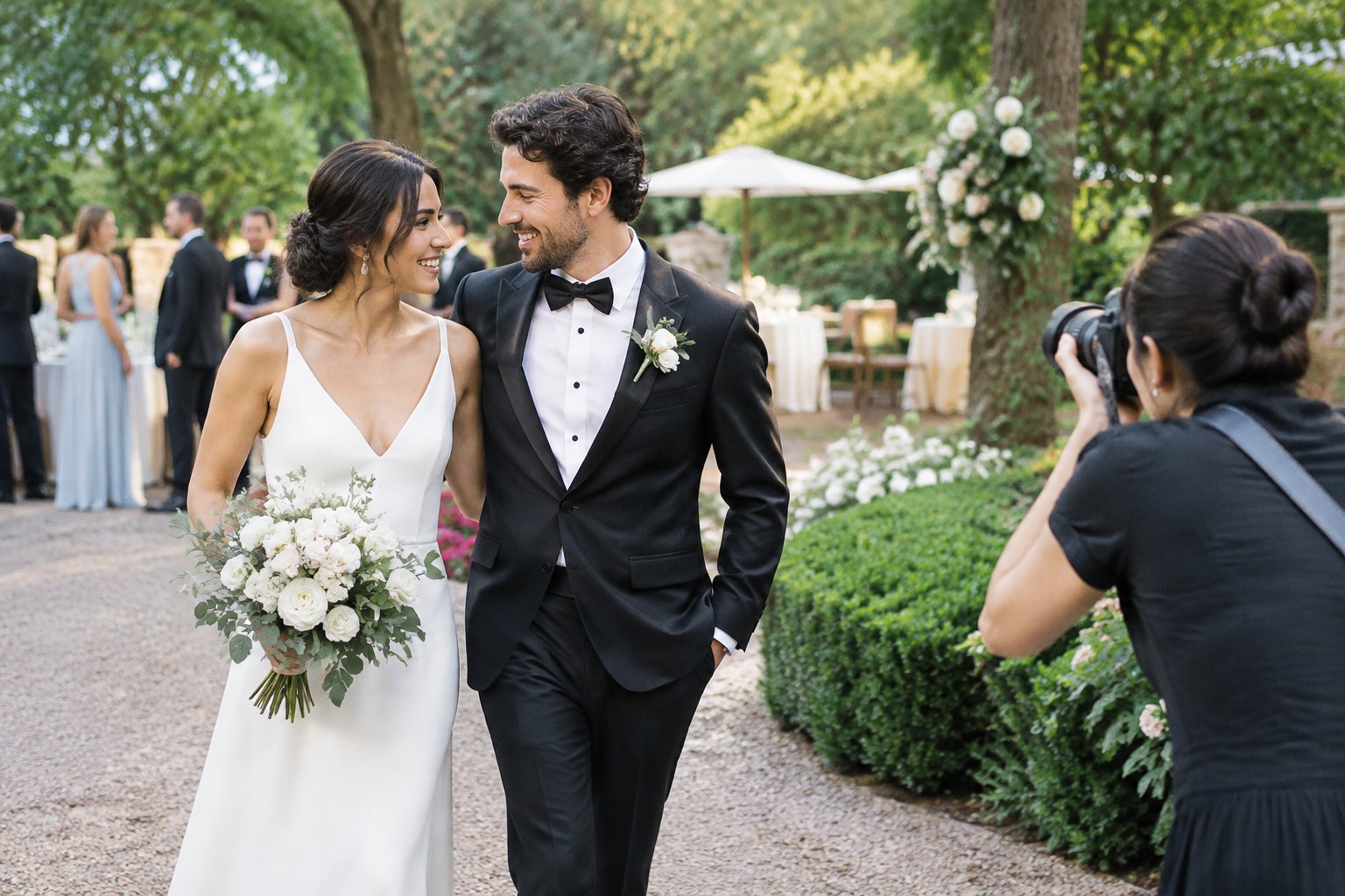 A newly married couple poses in a garden while a photographer takes their picture.