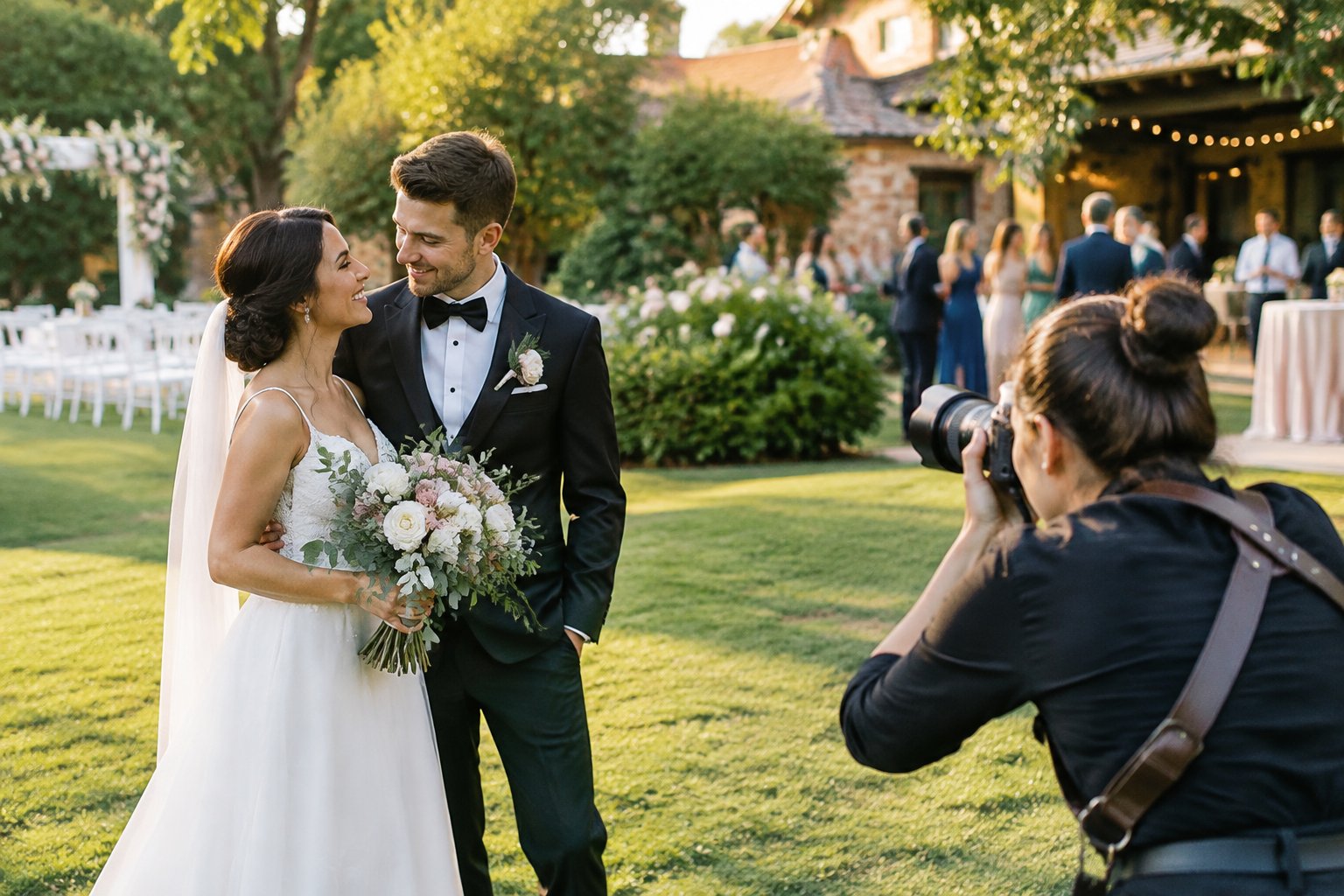 A wedding couple poses for a photographer in a garden near their reception venue.