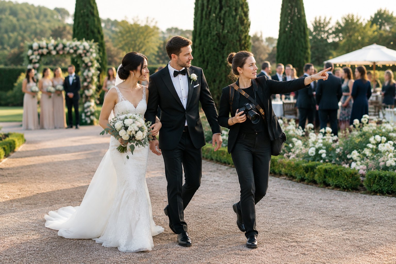 A bride and groom move through a garden with their photographer as the wedding party waits nearby.