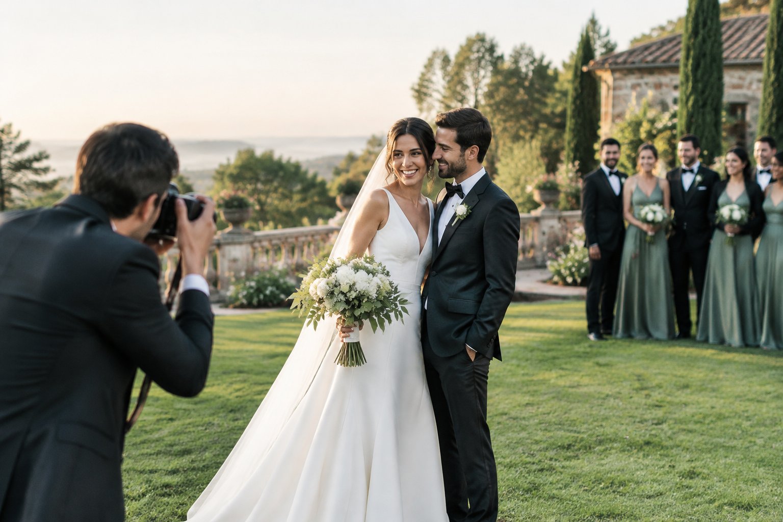 A newlywed couple poses for a wedding photographer outdoors while their wedding party waits nearby.
