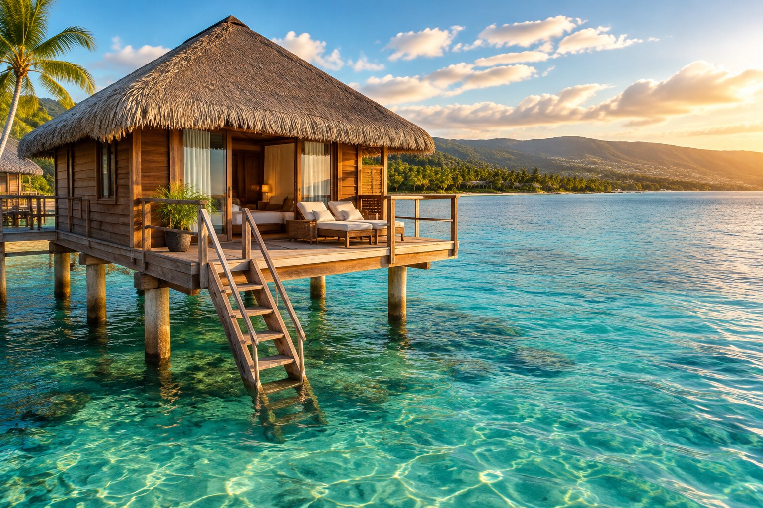 An overwater bungalow on stilts above turquoise water in Montego Bay, Jamaica.