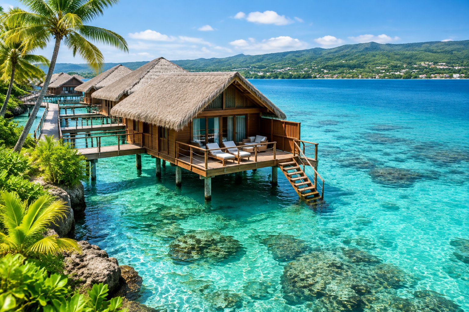 Overwater bungalows stand above turquoise water near a lush Jamaican coastline.