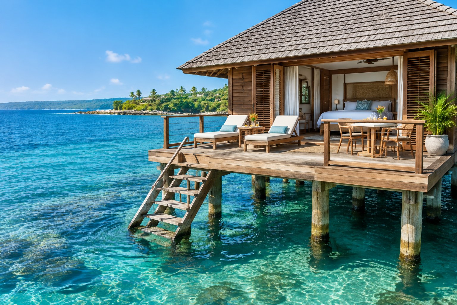 An overwater bungalow with a private deck above clear turquoise water in Montego Bay.