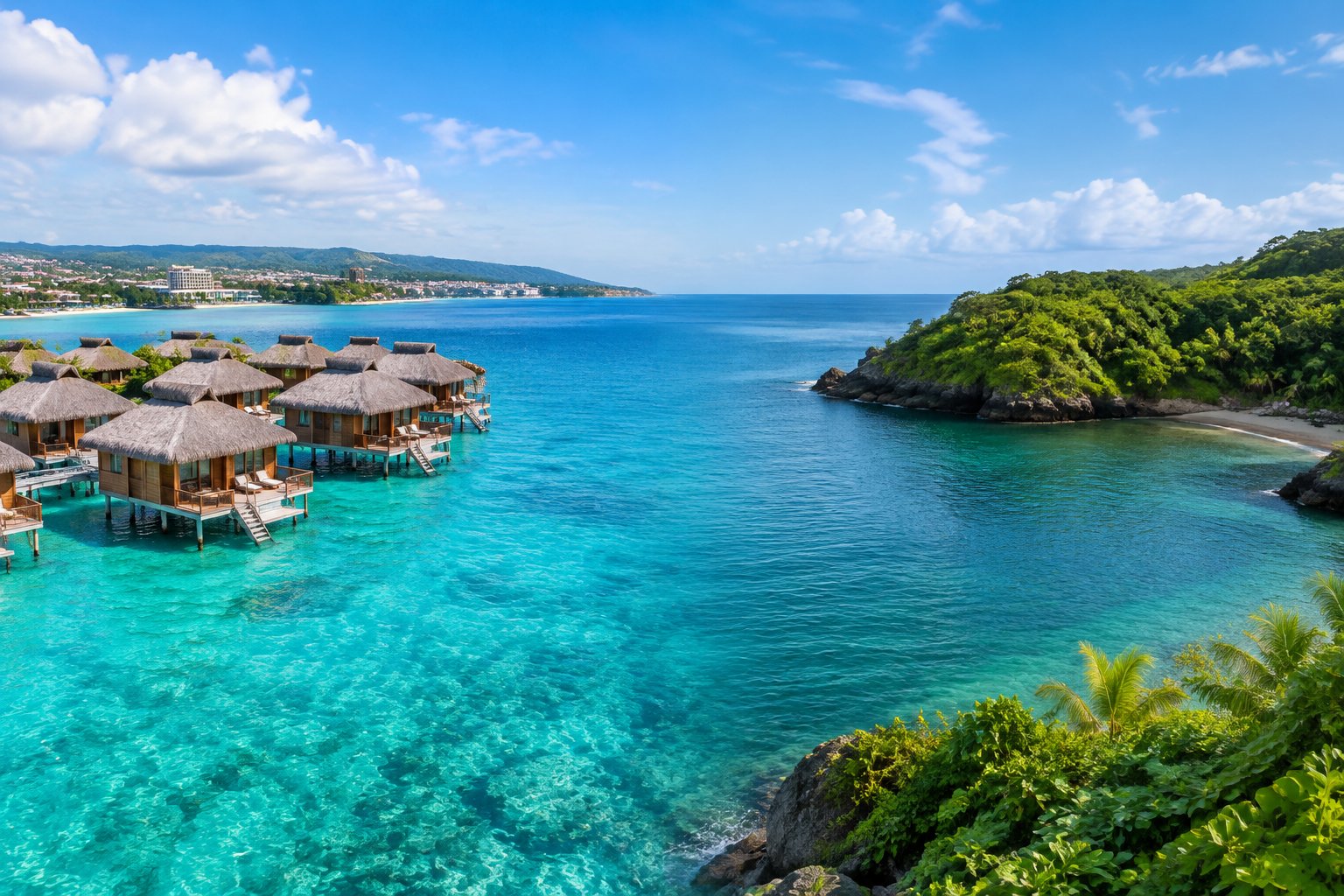 Overwater bungalows beside a tropical coastline and a quieter green South Coast cove.