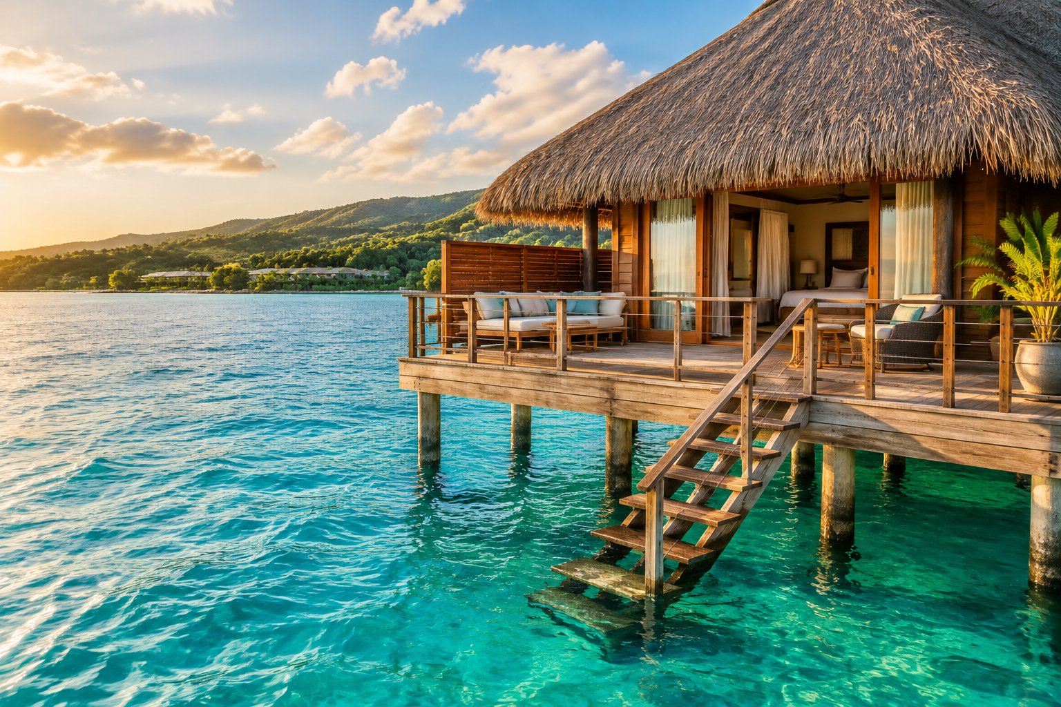 An overwater bungalow above clear turquoise water near Montego Bay, Jamaica.