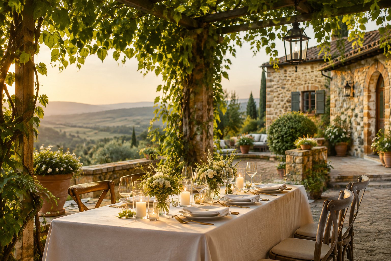A small wedding table beneath a pergola at an Italian countryside villa.