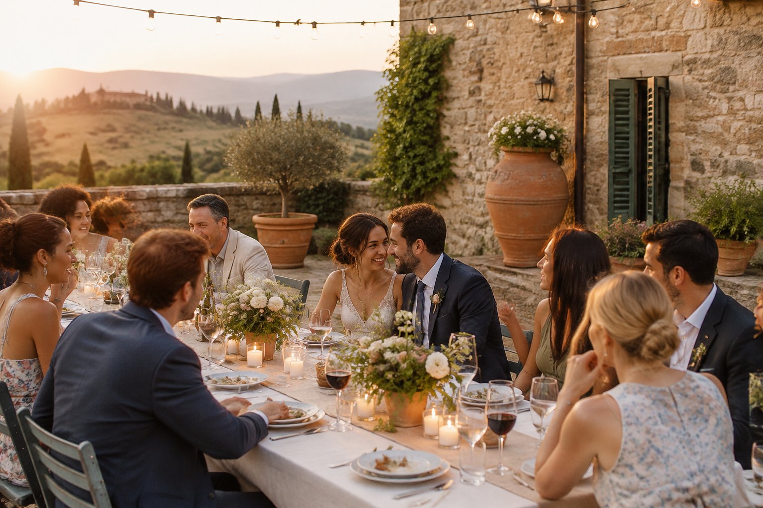 A newlywed couple celebrates with guests at an outdoor dinner in an Italian villa courtyard.