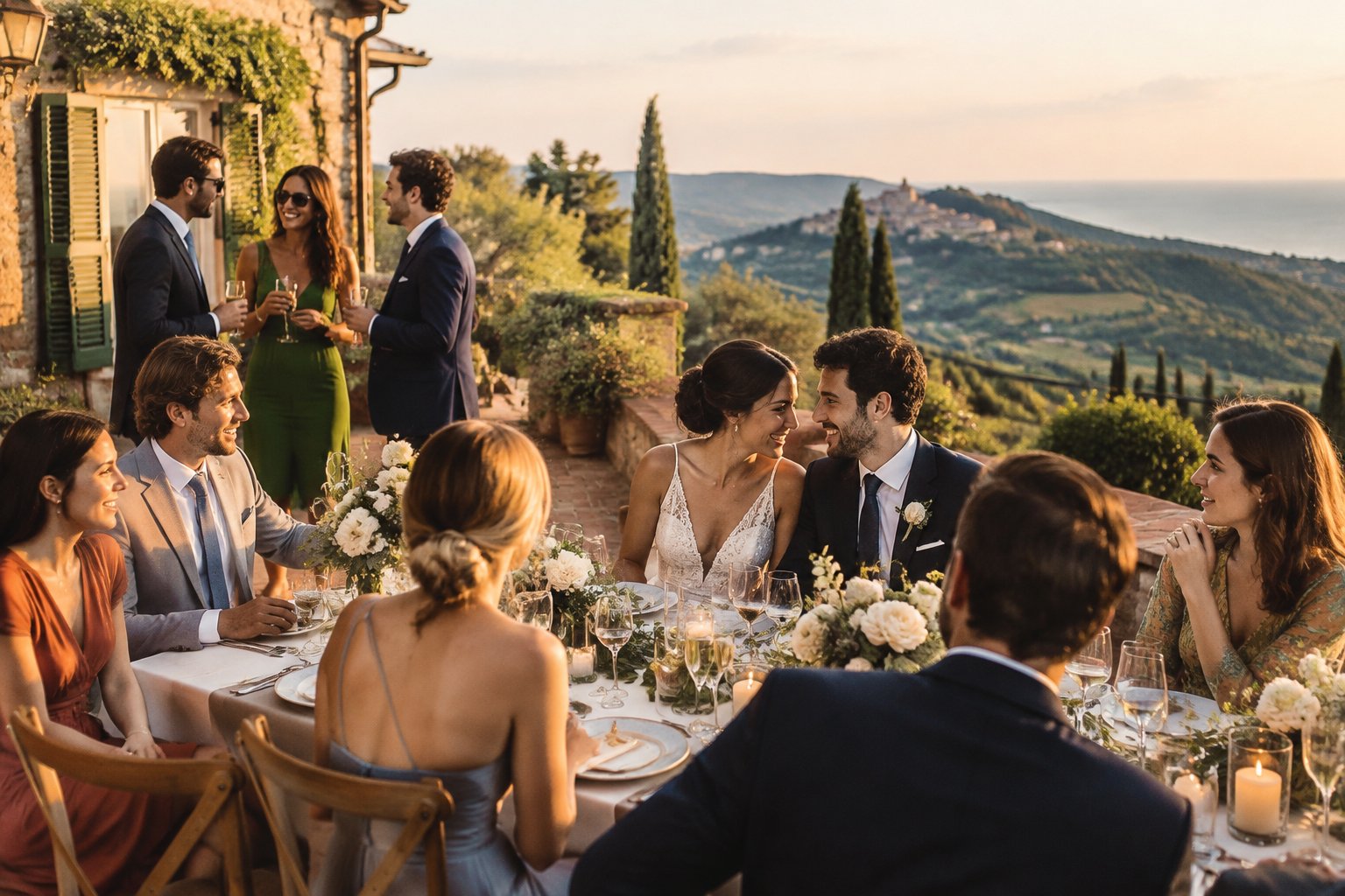 A couple celebrates with a small group at an outdoor wedding reception in an Italian villa courtyard.