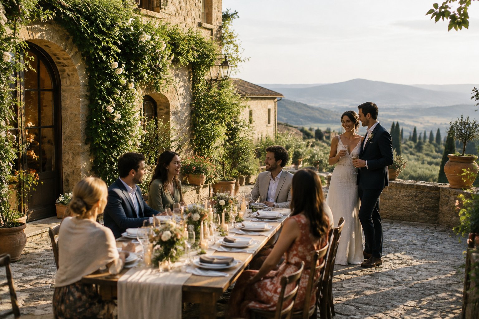 A couple celebrates with a small group of guests in a garden courtyard at an Italian villa.