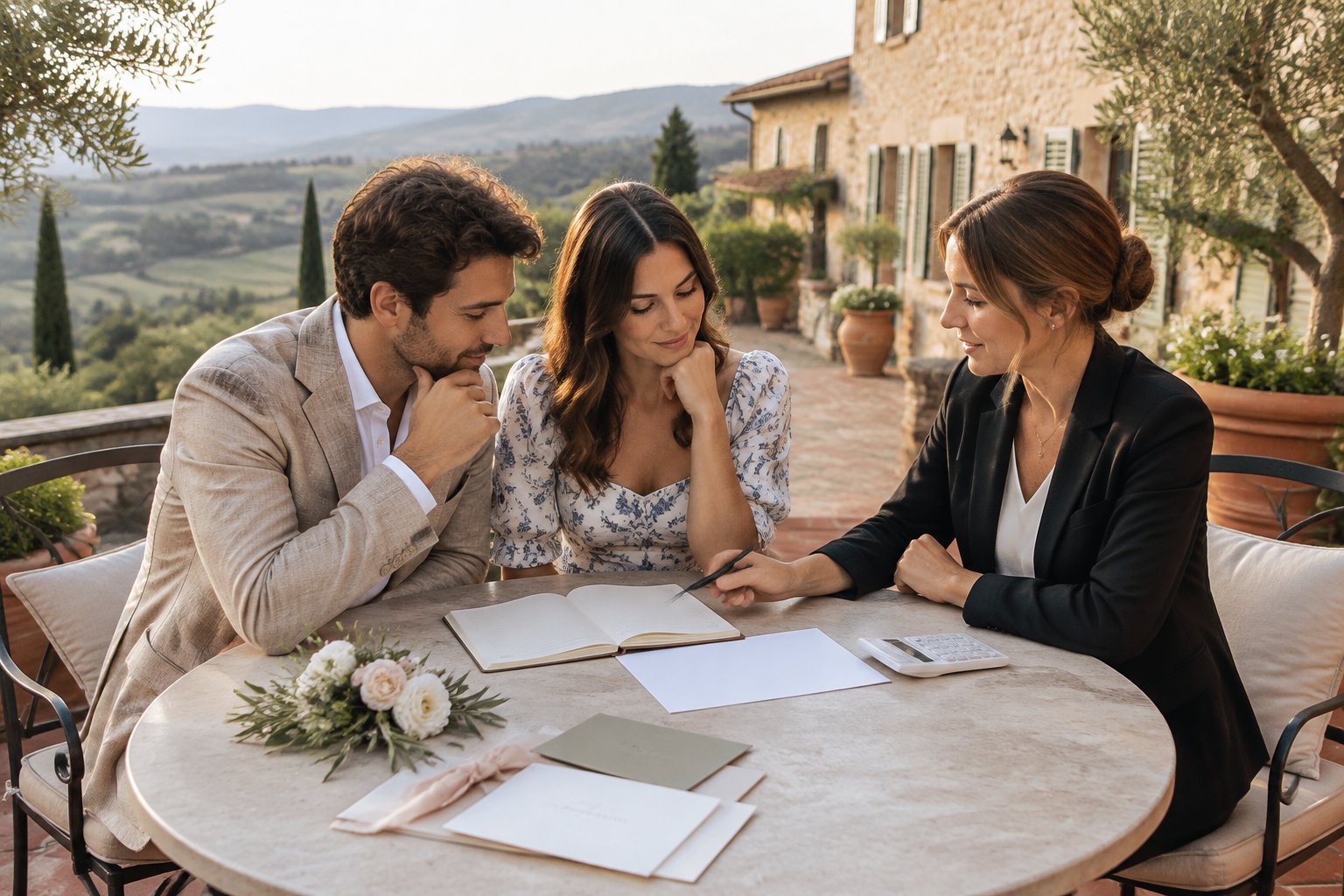 A couple and wedding planner review wedding plans at a table on a Tuscan villa terrace.
