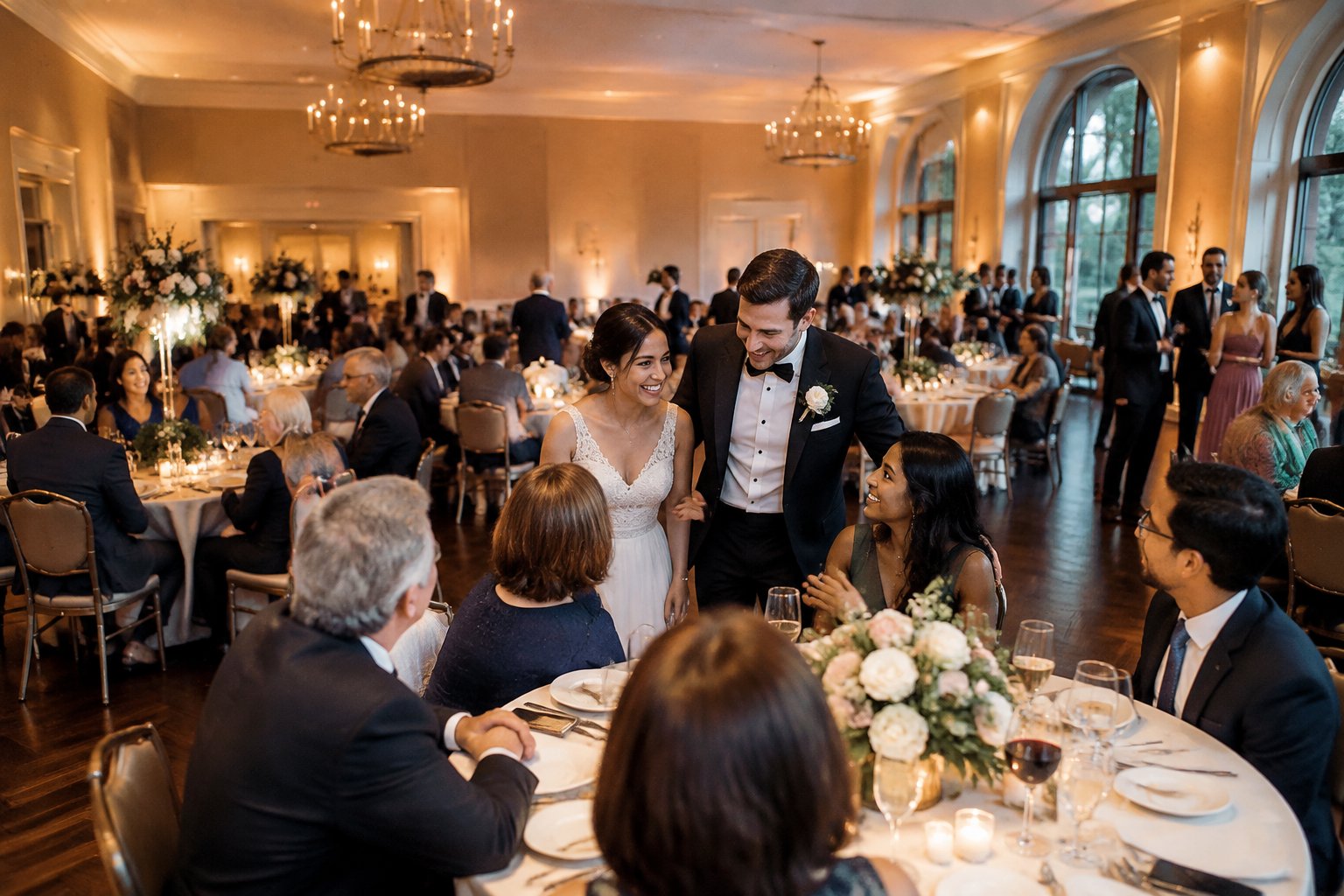 A newlywed couple greets guests at a crowded wedding reception.