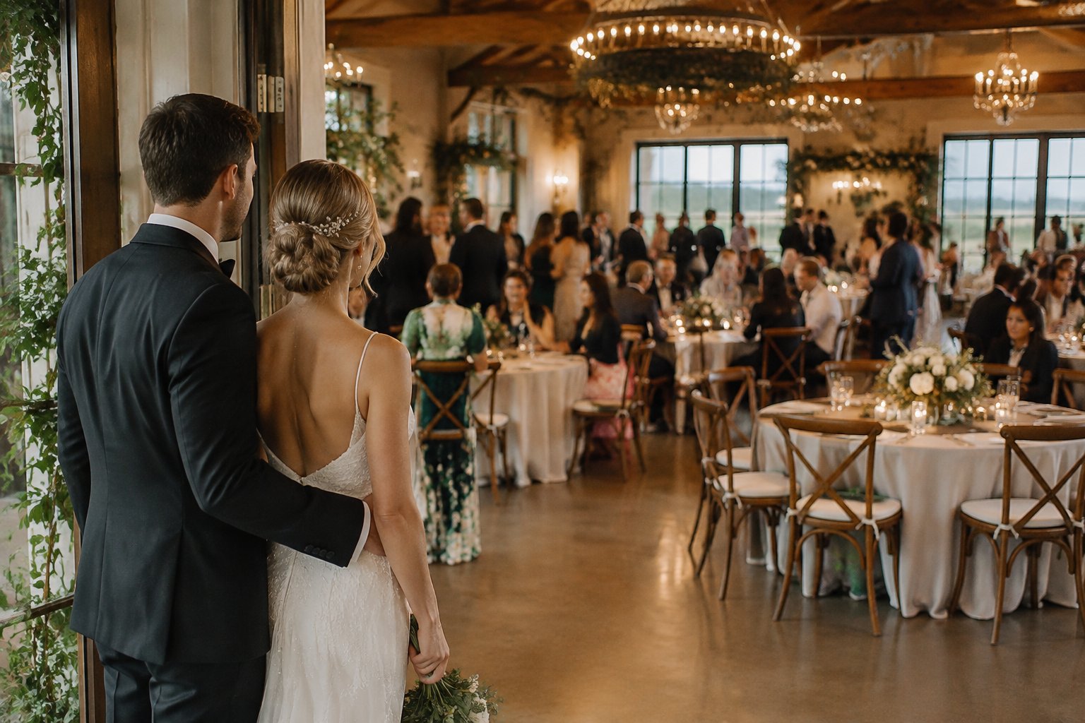 A couple in wedding attire surveys a warmly decorated reception filled with guests.