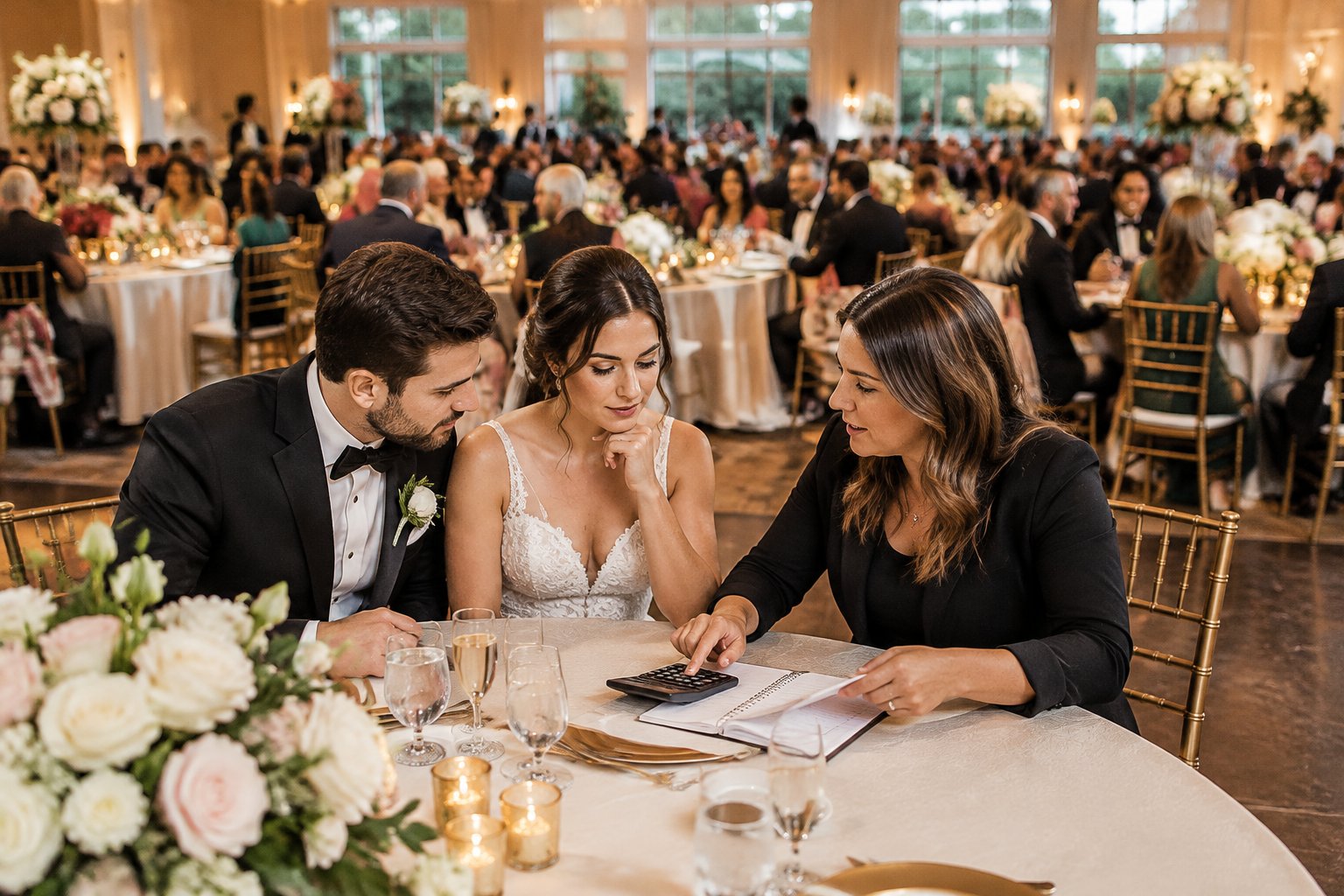 A couple and wedding planner review a budget at a reception with many seated guests.