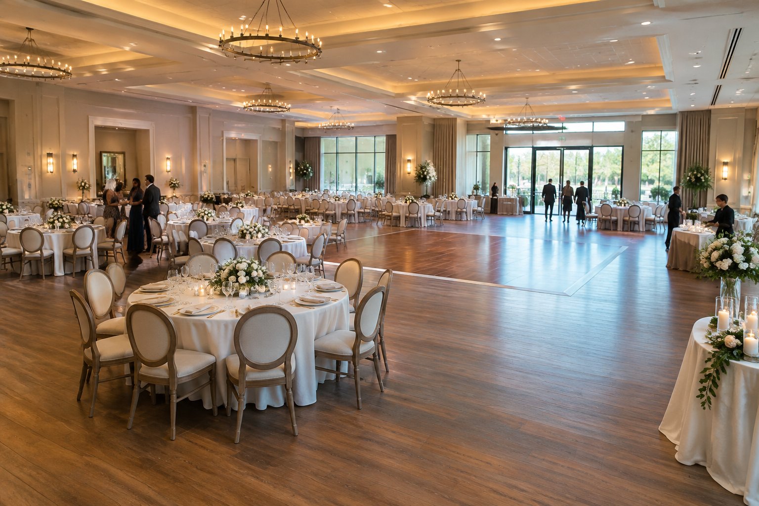 A wedding reception hall arranged with tables and chairs for guests.