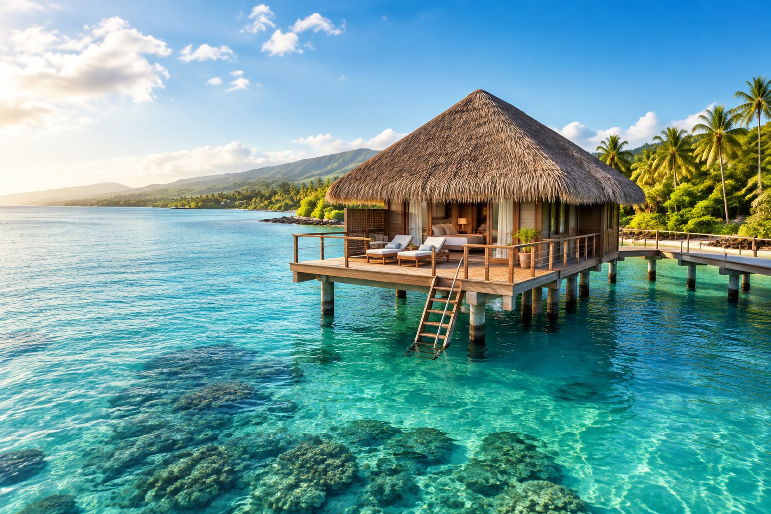 A thatched-roof bungalow stands above clear turquoise water along Jamaica’s tropical coastline.