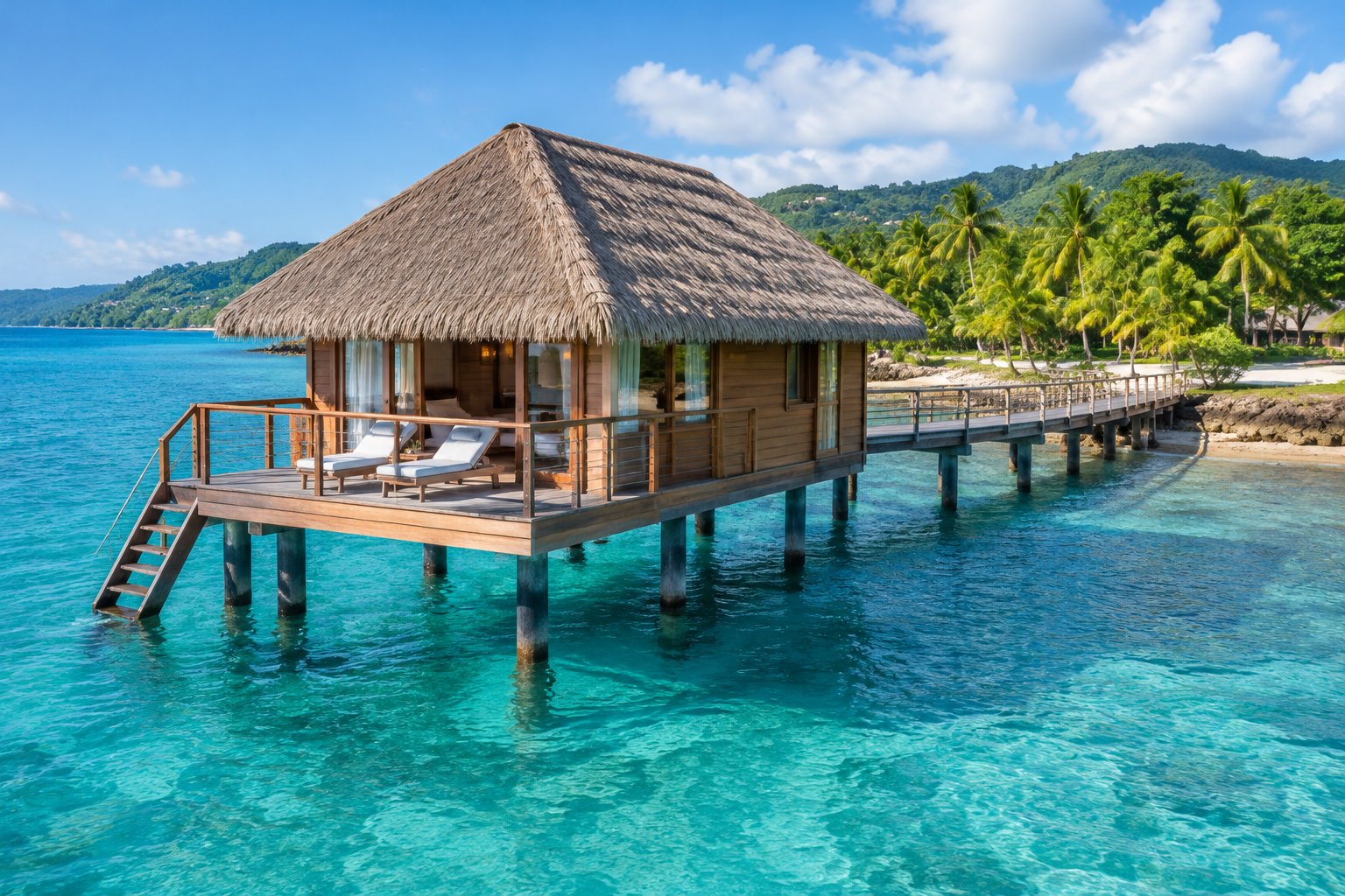 A stilted bungalow with a private deck above clear turquoise water near a tropical shoreline.