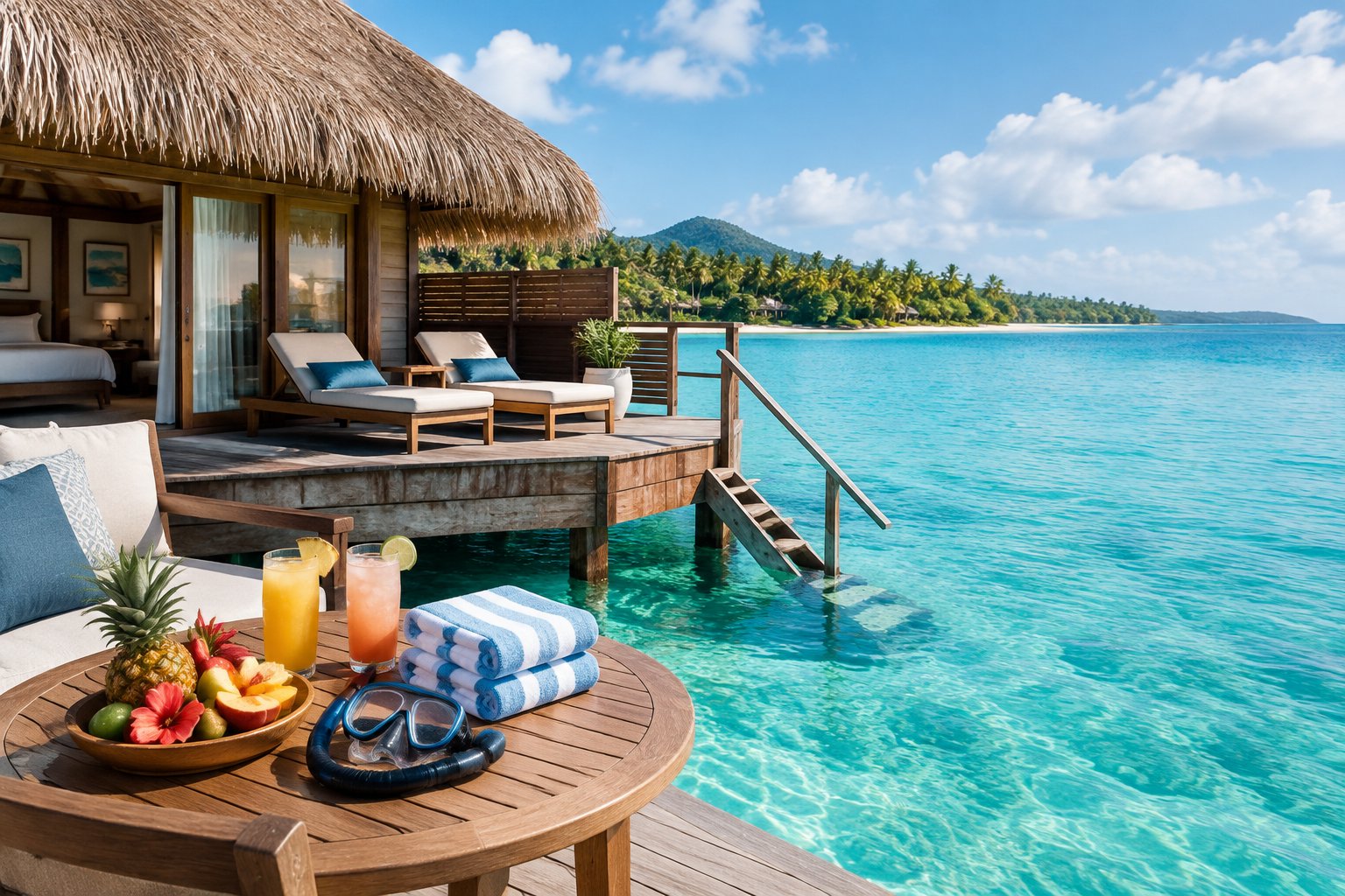 An overwater bungalow with a private deck above turquoise water, with fruit, drinks, towels, and snorkeling gear nearby.