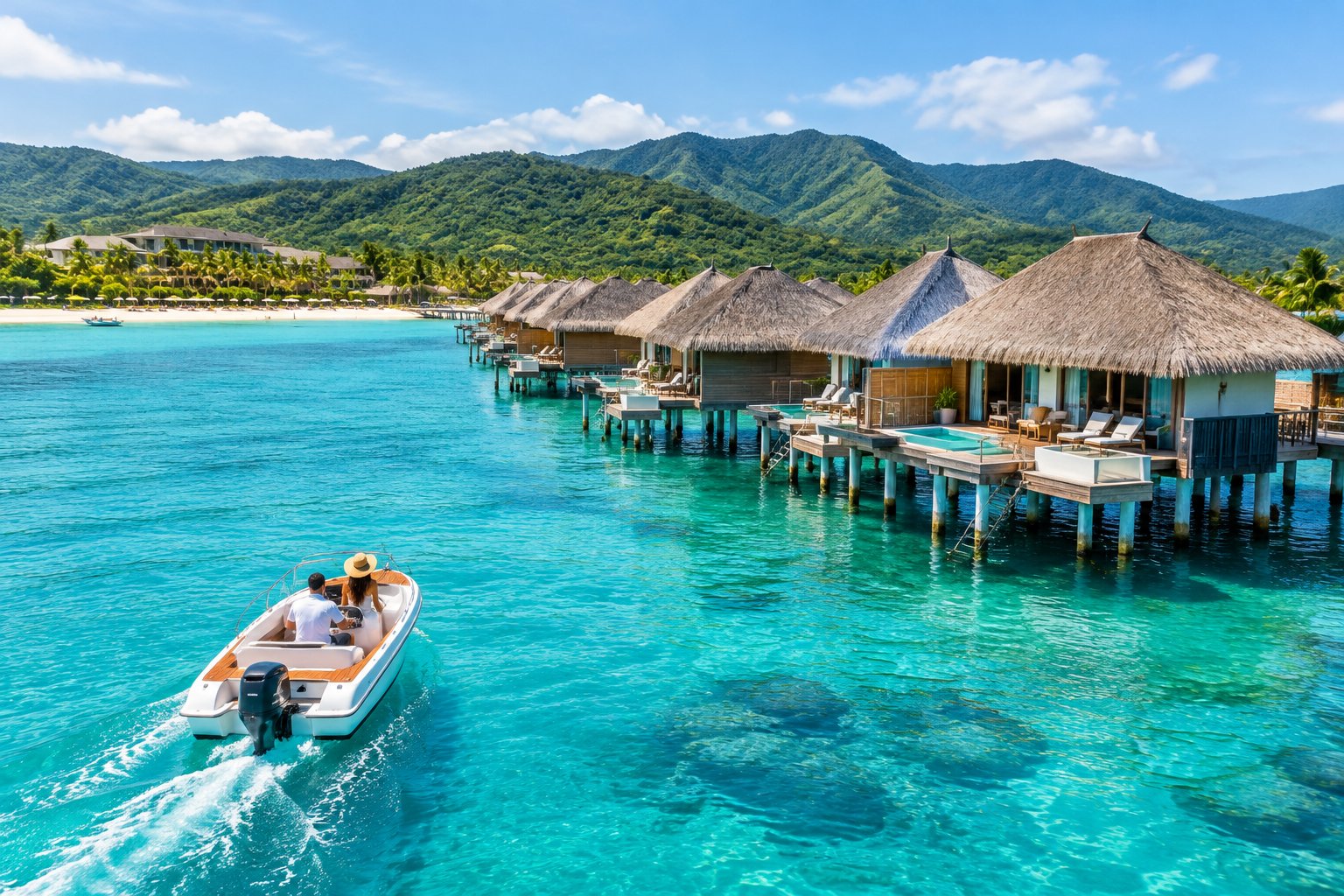 Overwater bungalows above turquoise water beside Jamaica’s green coastline, with a boat approaching.