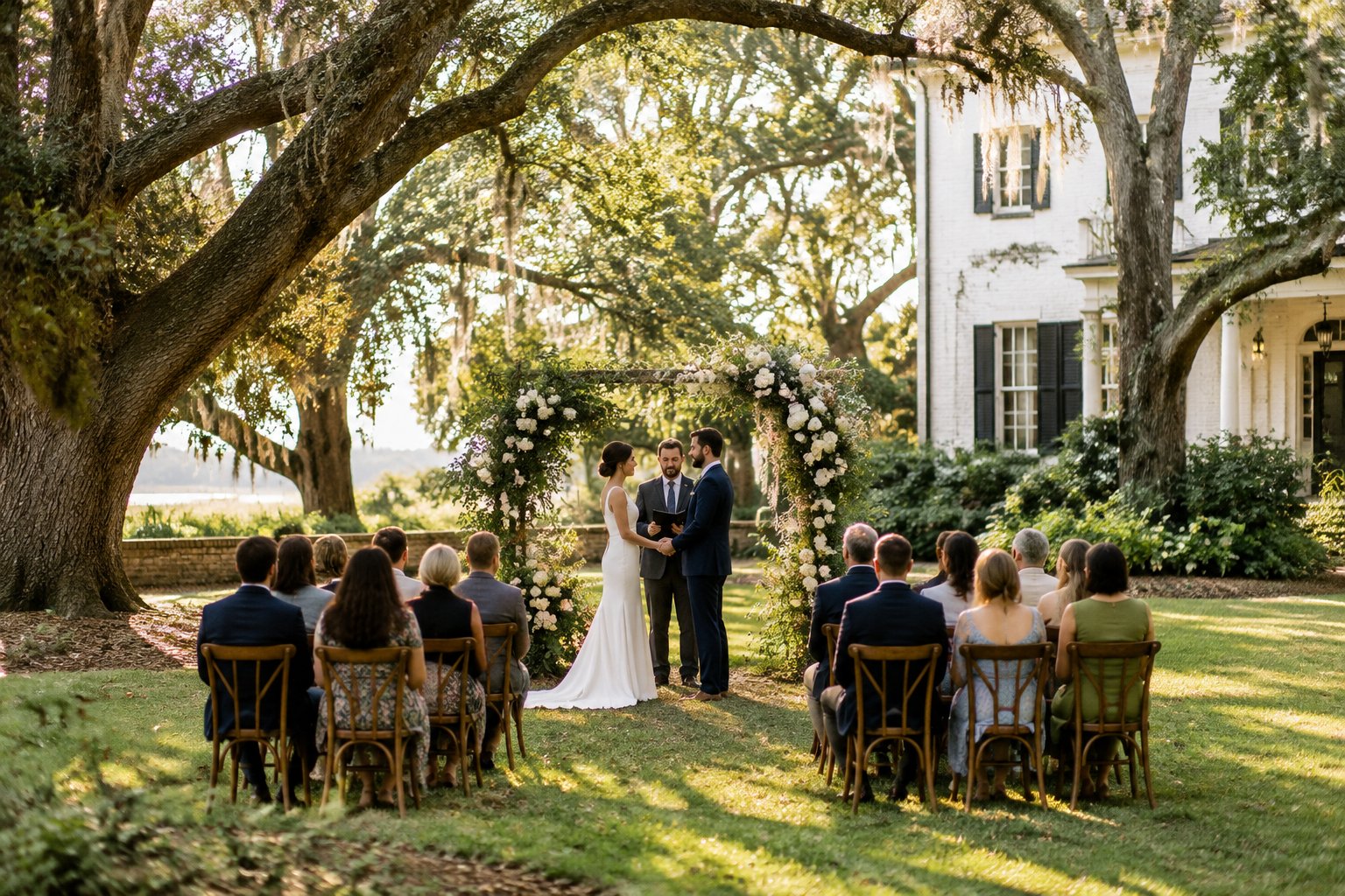 A couple exchanges vows beneath oak trees at a small outdoor wedding.