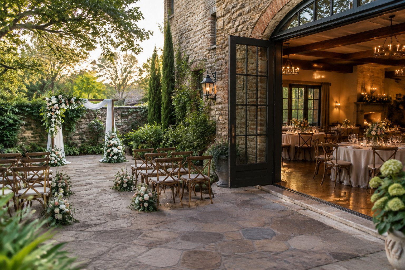 A small garden wedding ceremony beside a warmly lit reception room.