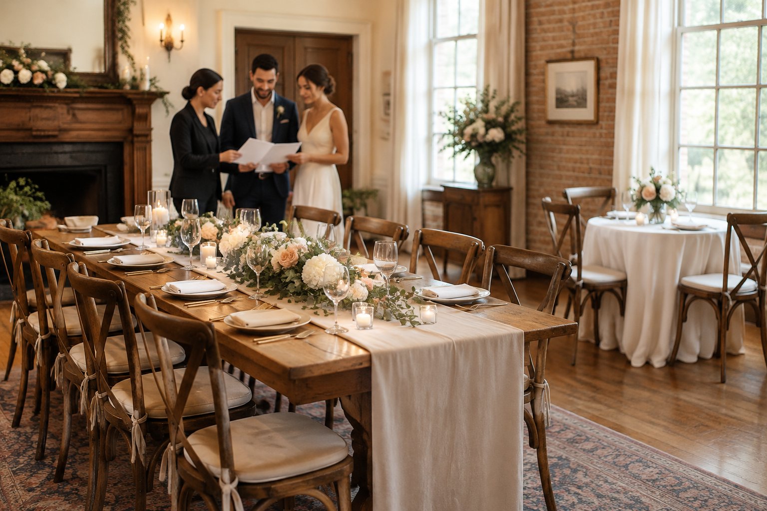 A couple and venue coordinator review wedding plans beside a reception table set for a small gathering.