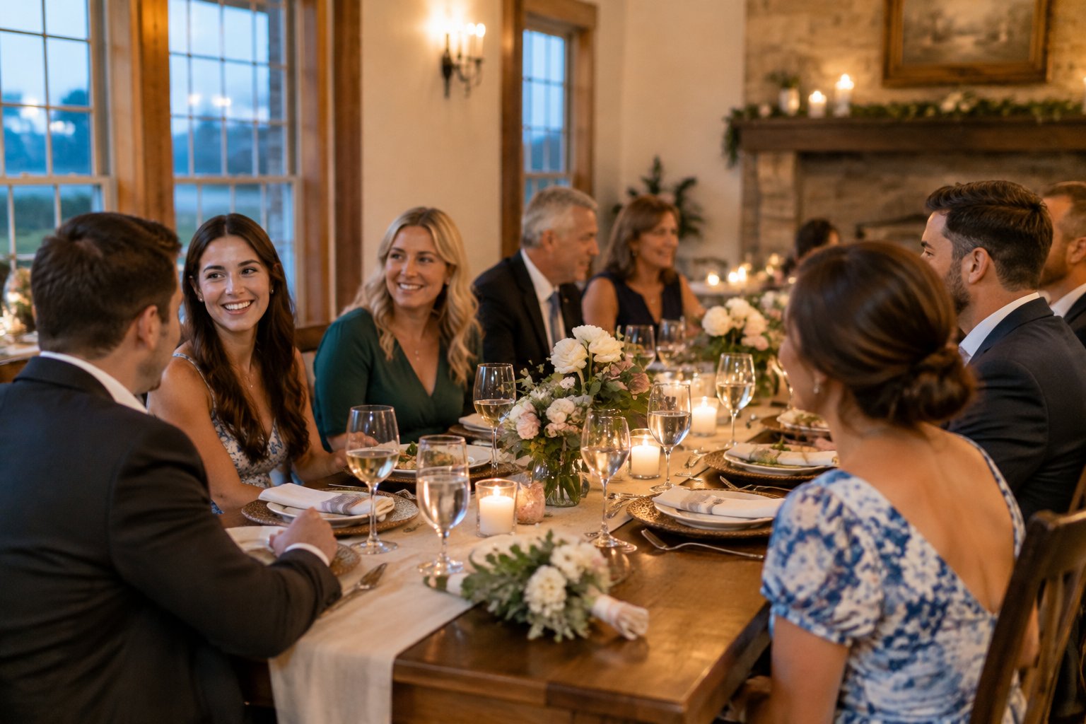 Family and friends share a rehearsal dinner around a candlelit table at an intimate wedding venue.