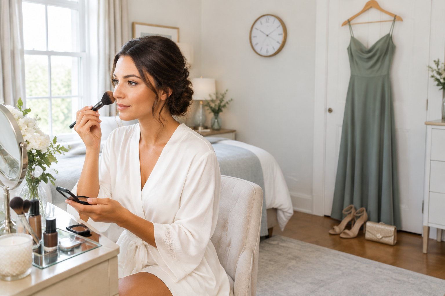 A woman gets ready at a vanity while her wedding guest outfit waits nearby.