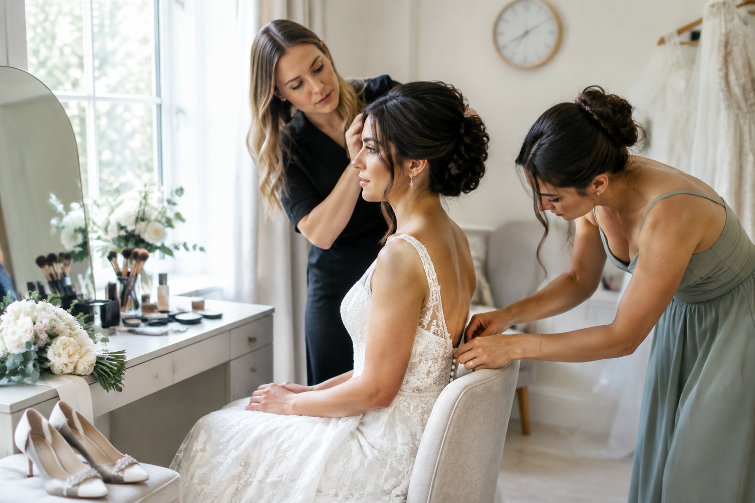 A bride sits at a vanity while a stylist works on her hair and a friend fastens her wedding dress.