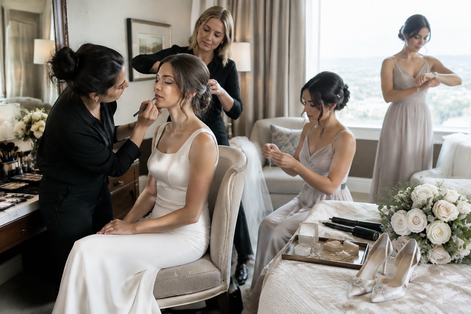 A bride gets ready with help from her wedding party and beauty professionals.