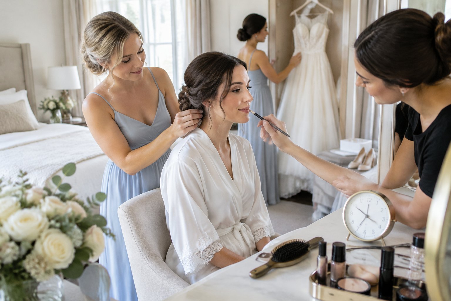 A bride gets ready at a vanity while her bridesmaids and makeup artist help prepare for the wedding.