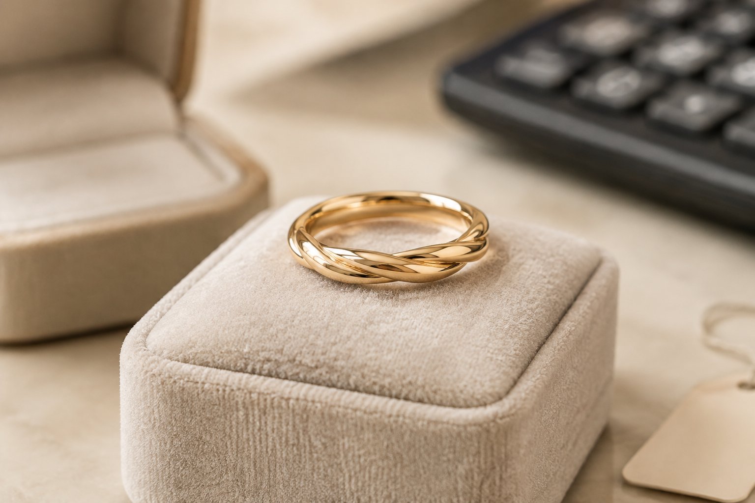 A twisted gold wedding band displayed beside a ring box.