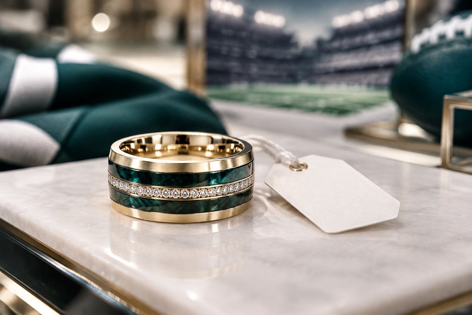 A gold wedding ring beside a blank price tag on a jewelry counter.