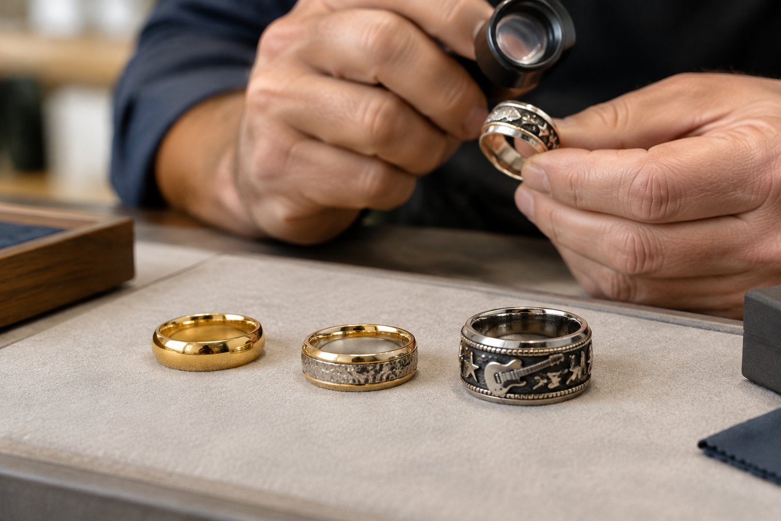 A jeweler examines a wedding band beside several differently styled rings.