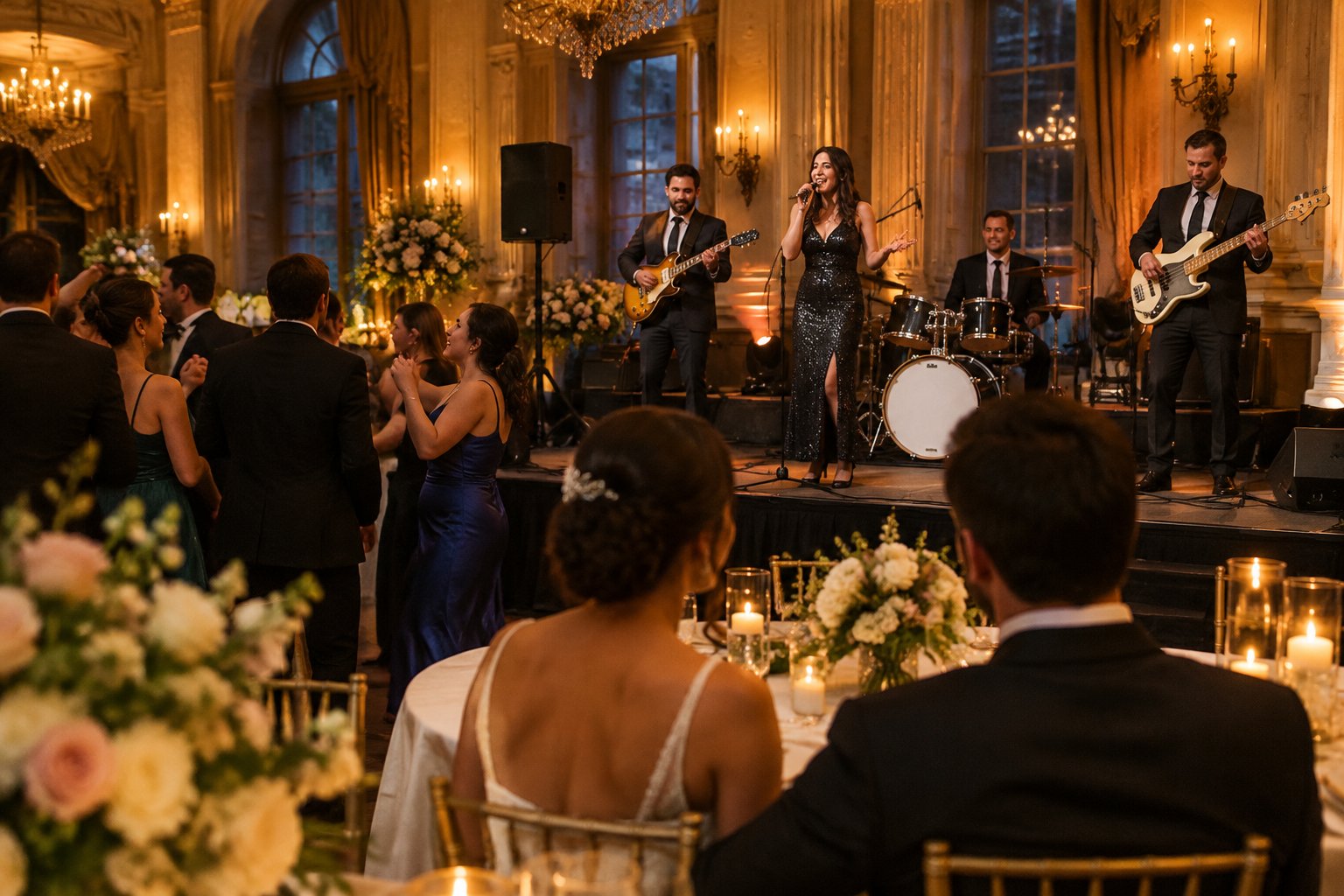A wedding couple watches a live band perform as guests dance.