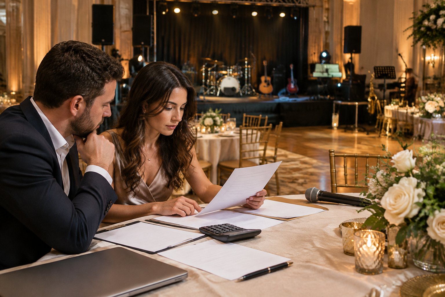 A couple reviews wedding plans at a reception venue with a stage and microphone in the background.