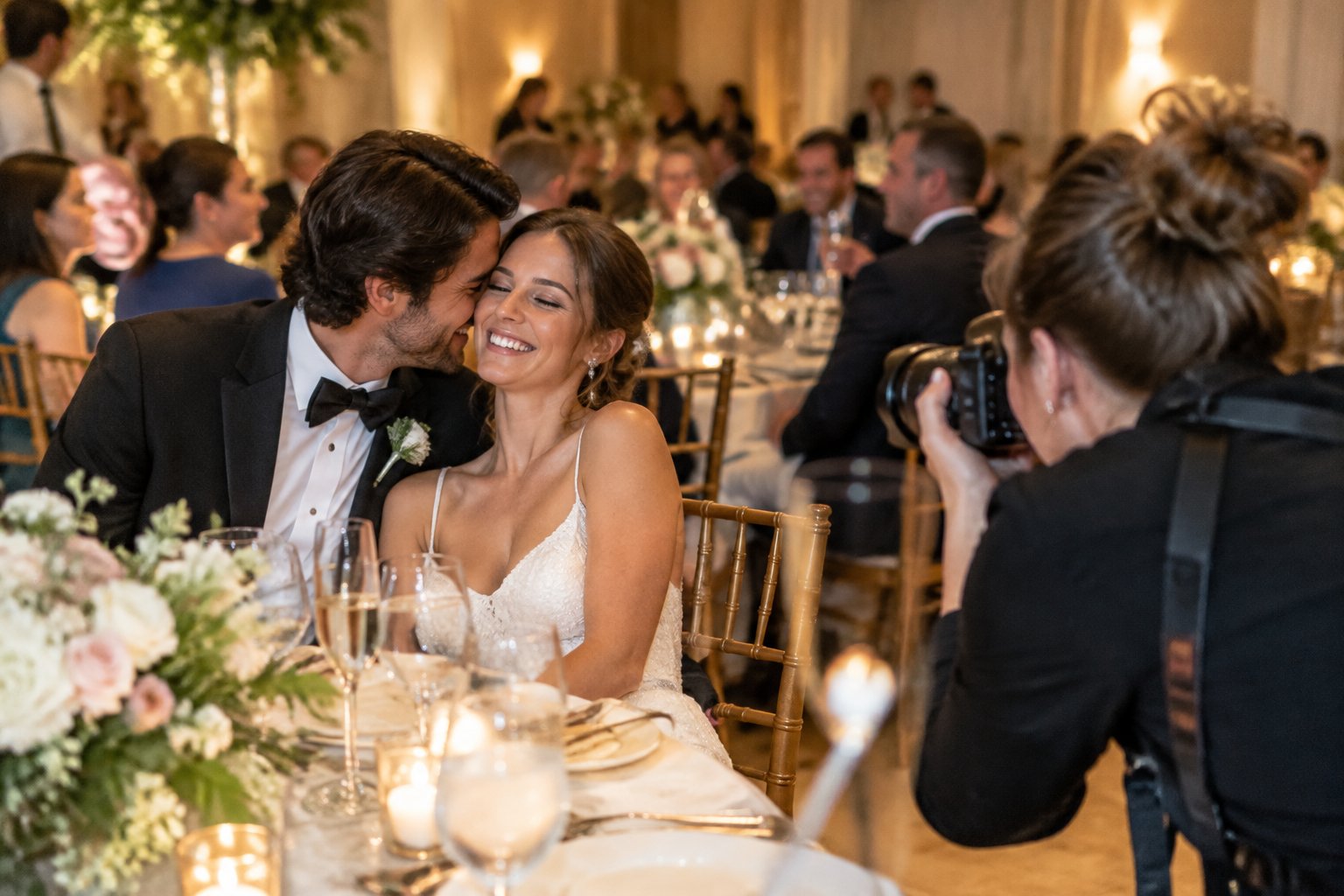 A newly married couple celebrates at their reception as a photographer takes their picture.