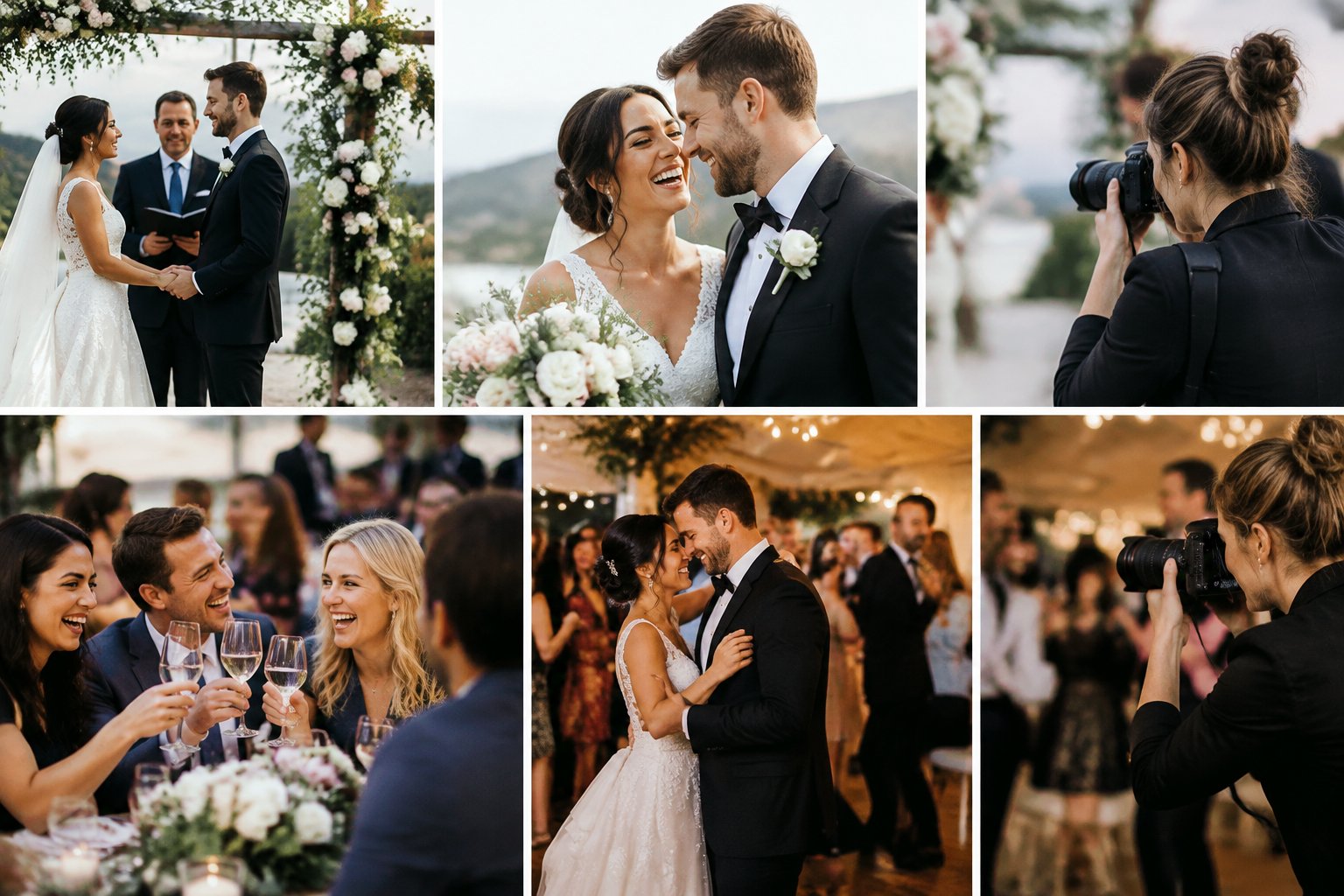 A wedding photographer captures the couple and guests celebrating at a wedding.