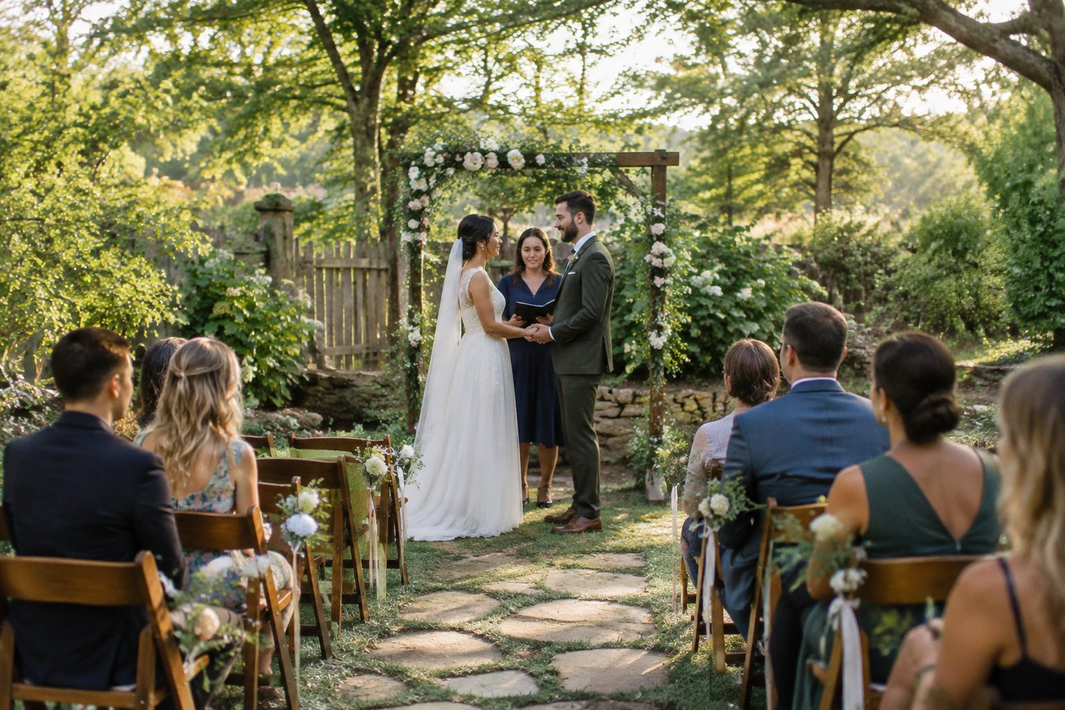 A couple stands beneath a flower arch at a small garden wedding ceremony.