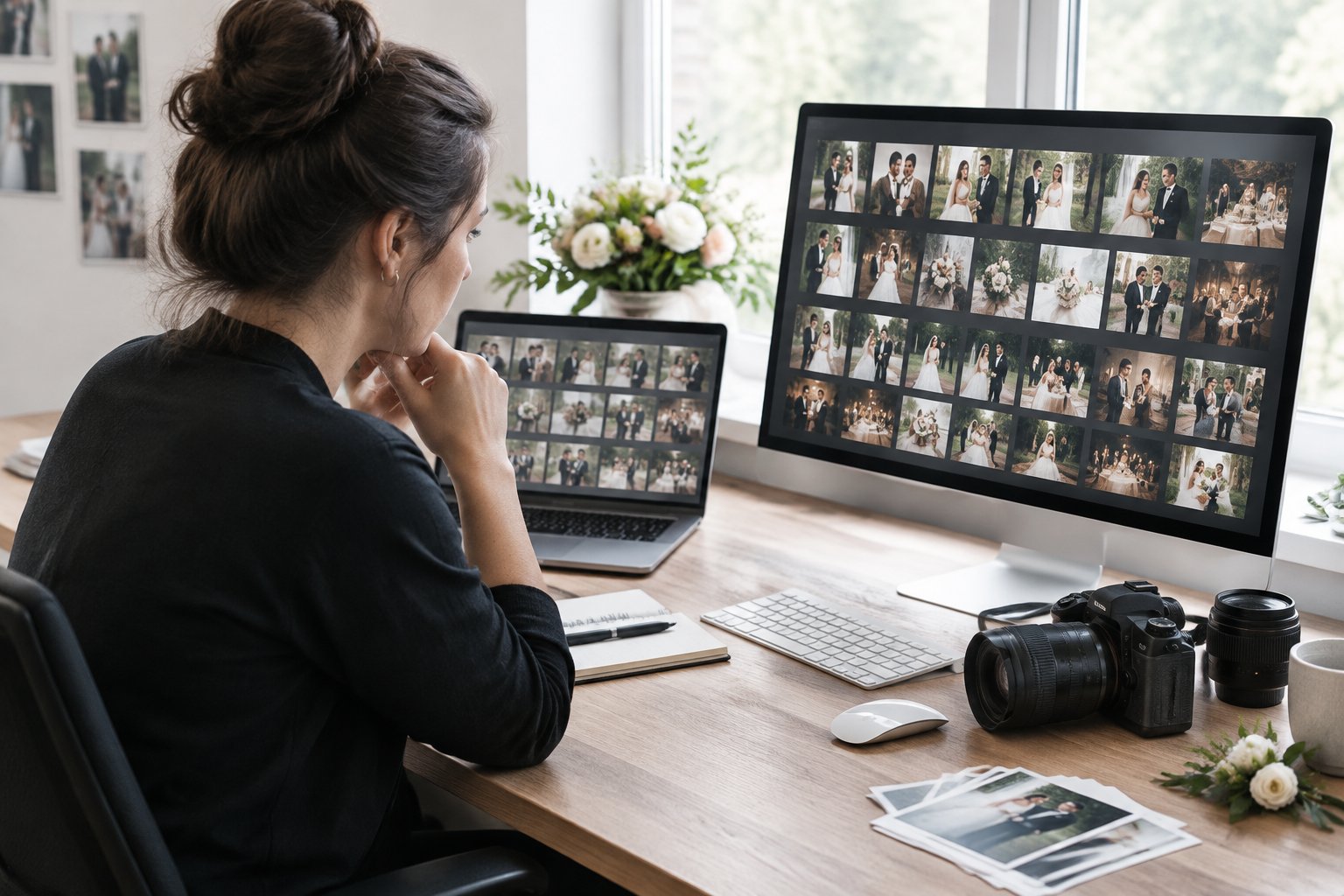 A wedding photographer reviews wedding photos on a computer at a workstation.