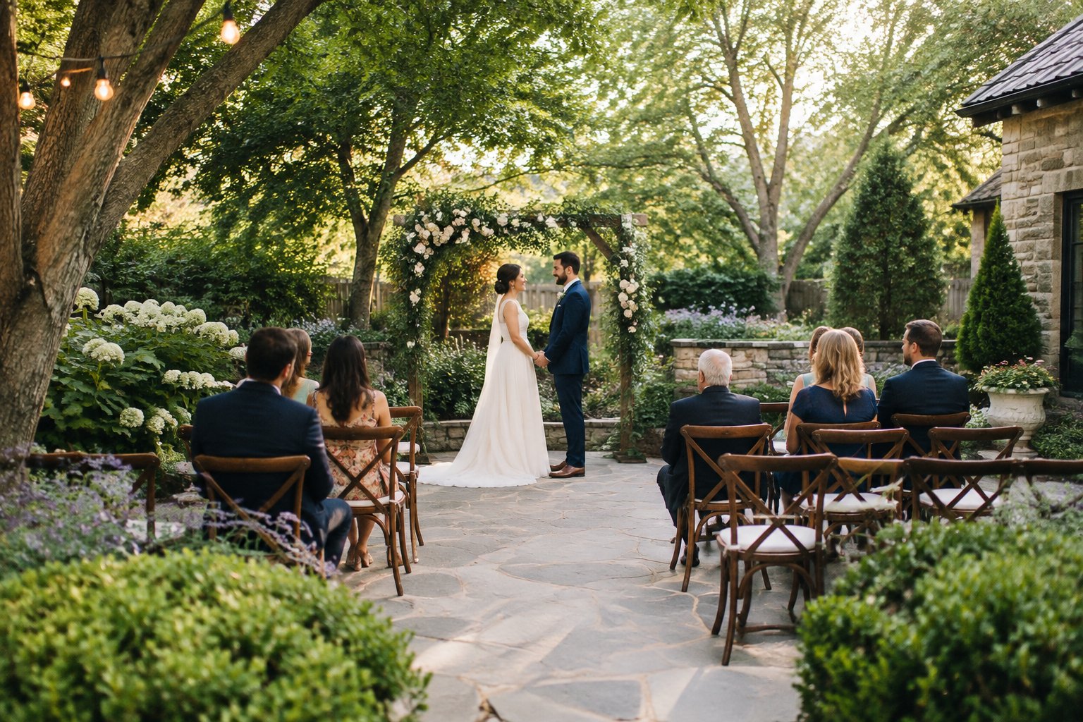 A couple stands beneath a floral arch in a garden courtyard with seated guests.