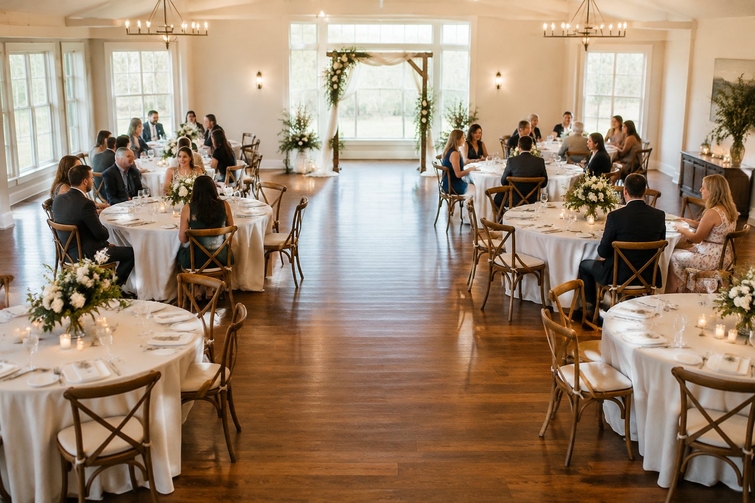 Guests seated at tables in a small wedding venue.