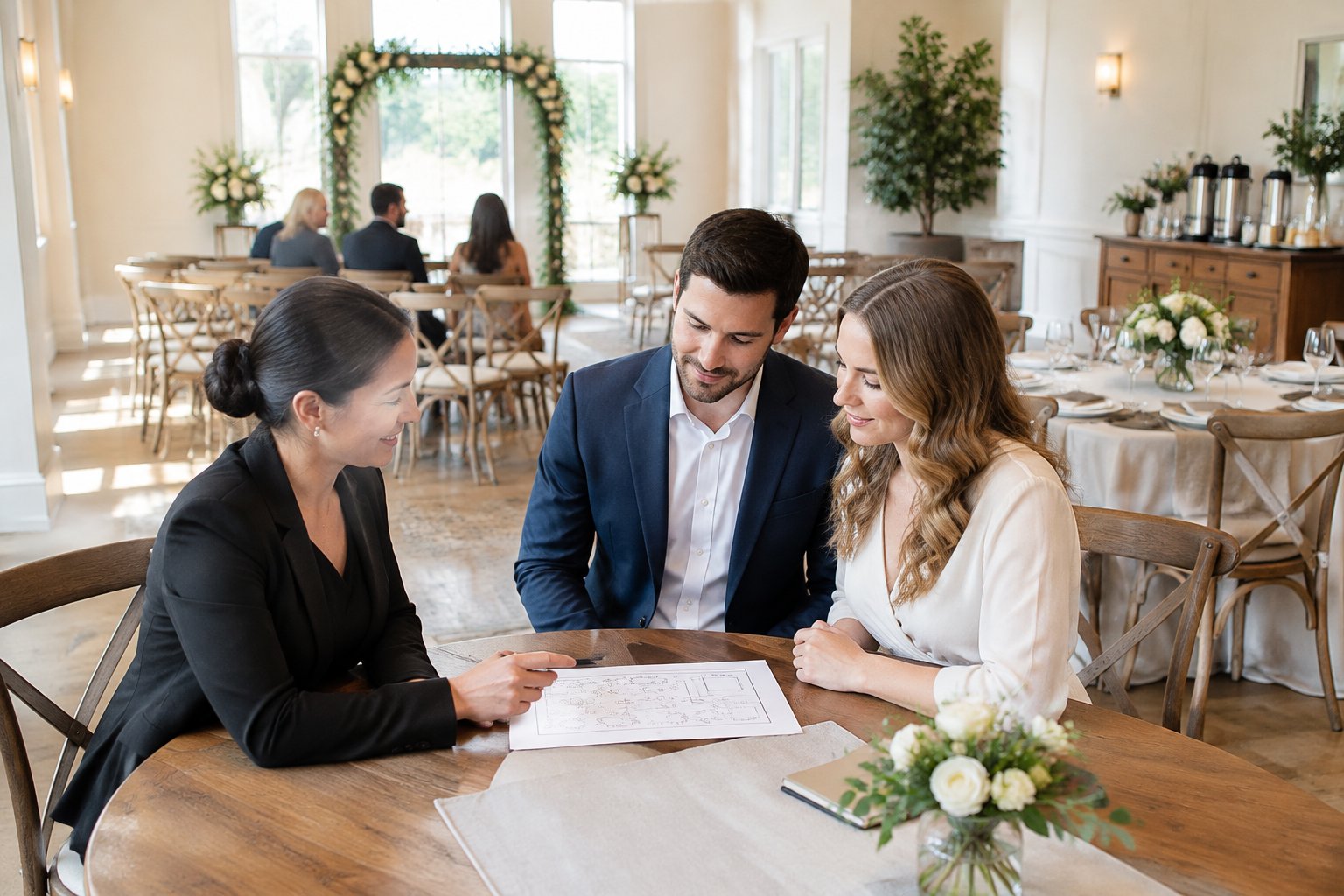A couple and wedding coordinator review seating arrangements at an intimate venue.