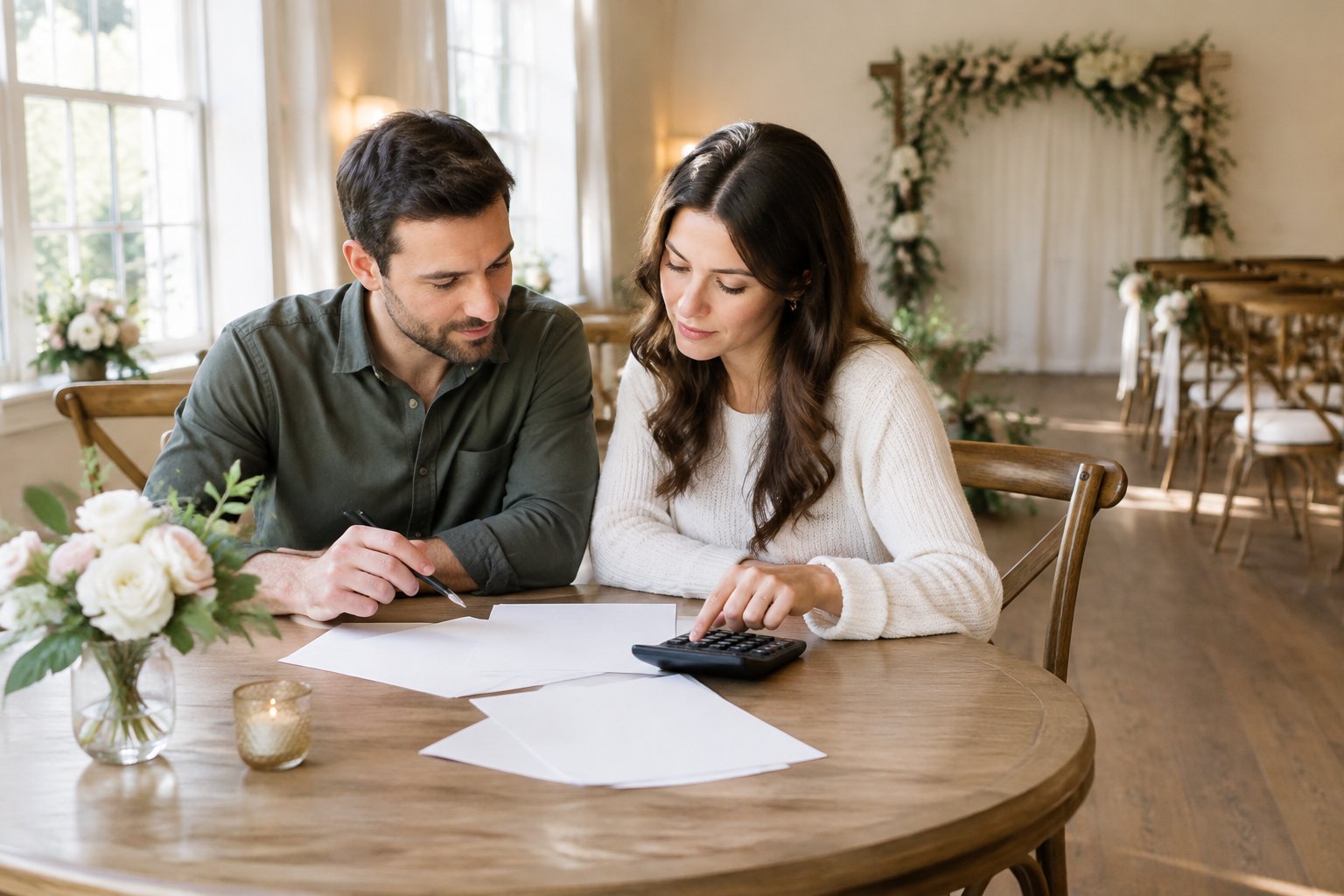 A couple reviews papers and a calculator at a table in an intimate wedding venue.