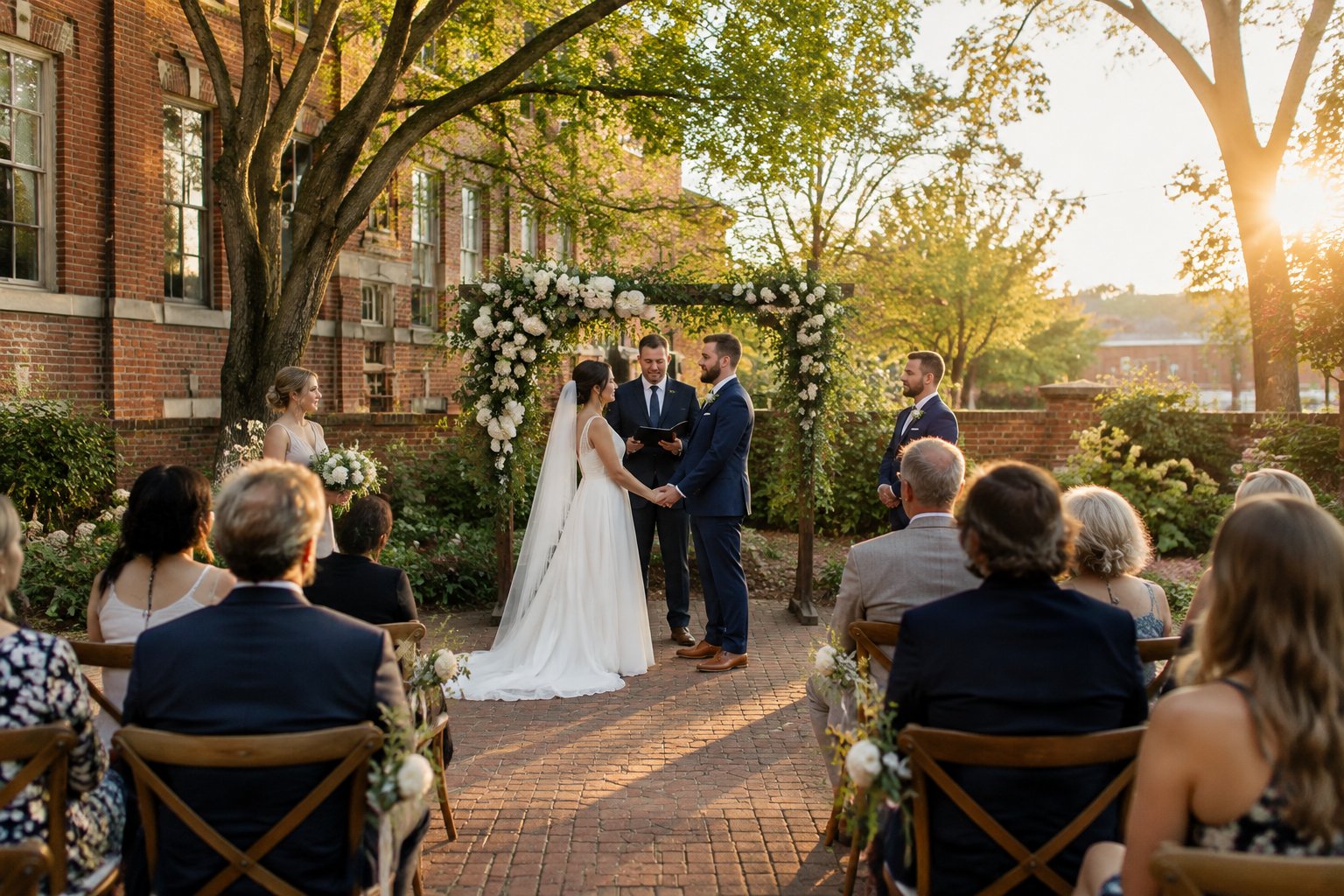 A couple exchanges vows in a garden courtyard while guests watch.