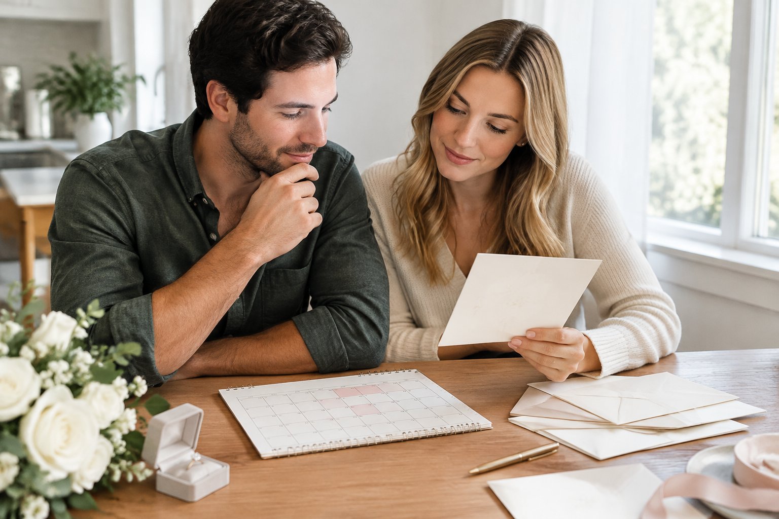 An engaged couple discusses wedding invitations while looking at a calendar.