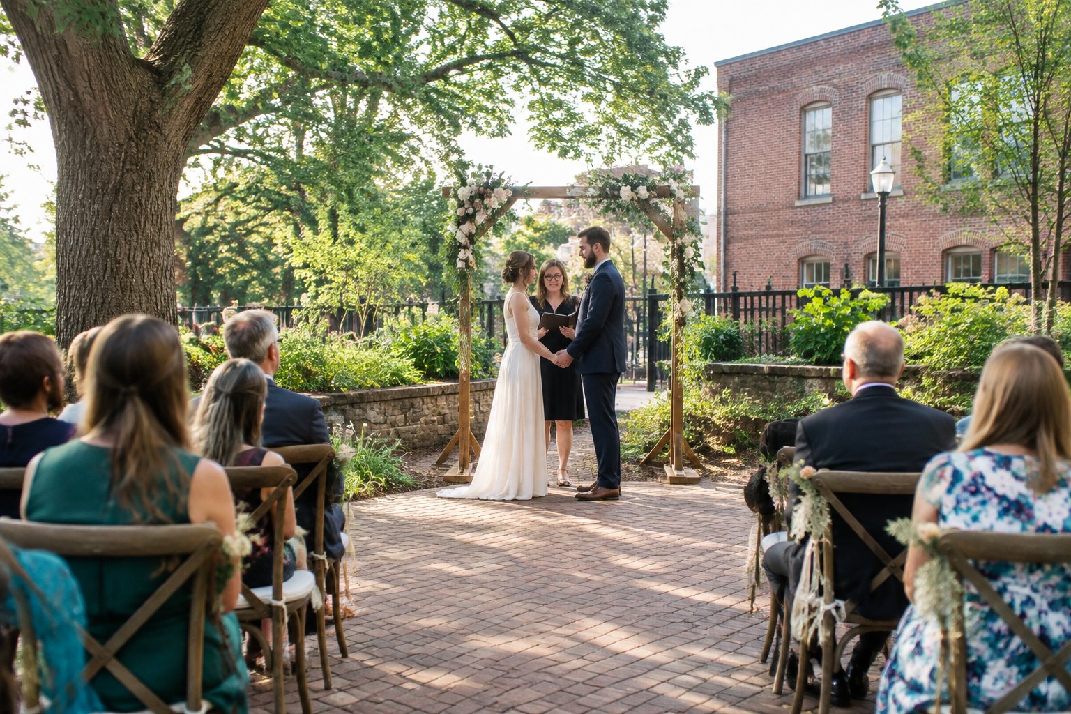 A couple exchanges vows beneath a floral arch in a small garden courtyard.